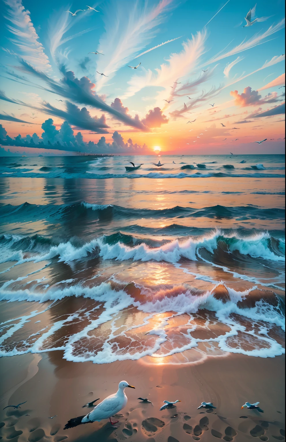 An absolutely mesmerizing sunset on the beach, with a mix of orange, pink, and yellow in the sky. The water is crystal clear, gently kisses the coast, and the white sand is endless. The scene is dynamic and breathtaking, with seagulls soaring high in the sky and palm trees swaying softly. Immerse yourself in the calm atmosphere and let the serenity surround you.