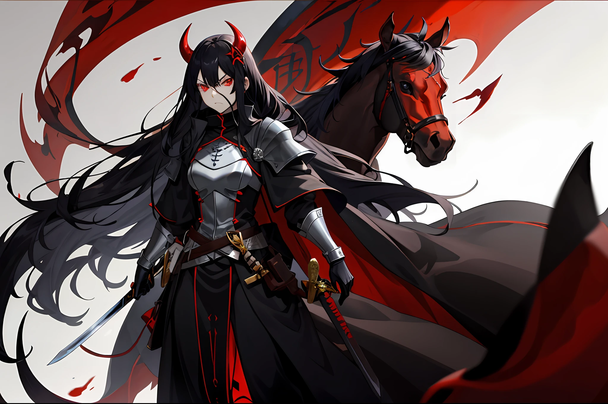 Anime, Demon, red skin, red blood eyes, long black hair, knight, tall, mask, mediavel, evil, very angry, 1 meter 90 height, long tail, mask, Sword, muscle, lady girl, feudalism