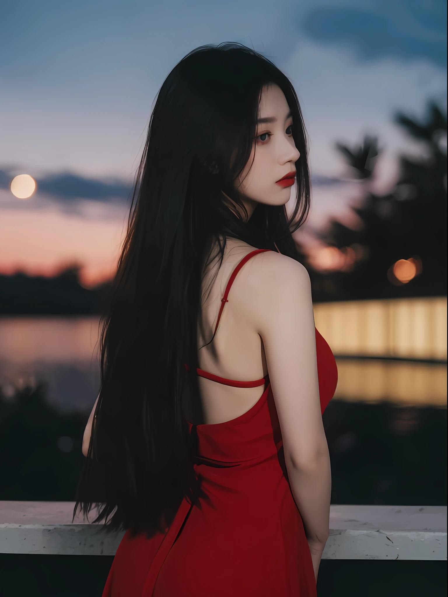 best qualtiy， tmasterpiece， 超高分辨率， （true to life：1.5）， RAW photogr， 1girll， in the darkness nigth， deep shading， low tune， cold light， Sexy look， Red long hair，Red dress，dim murky lights，Back shadow