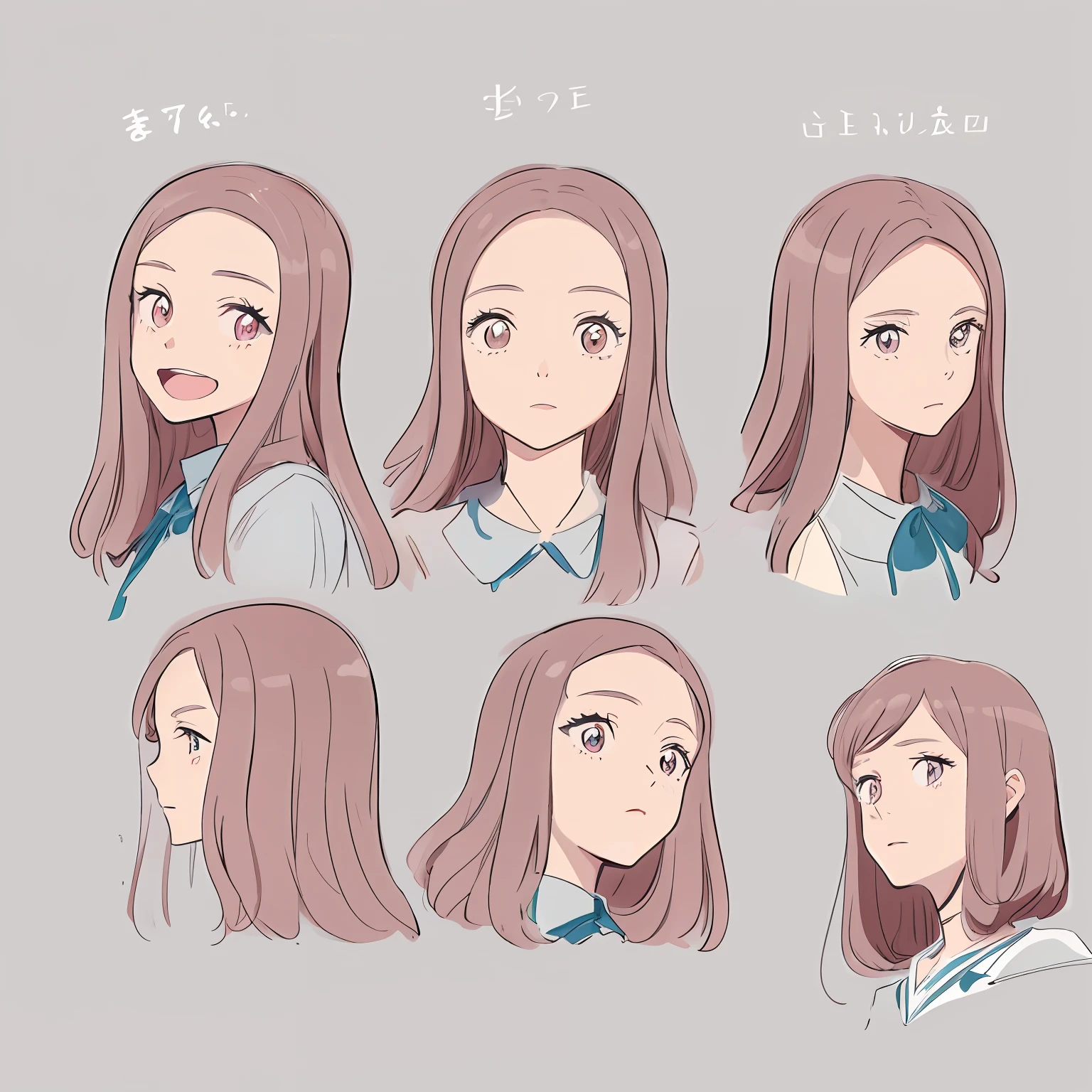 Sketch of a woman with long hair and different expressions, a variety of poses, different expression, Anime character design, anime style character, female anime character, style of anime, anime set style, clean anime outlines, high detailed face anime, flat anime style shading, Anime figure, Shoujo manga character design, Detailed facial expressions, Cute natural anime face, anime shading), face variations