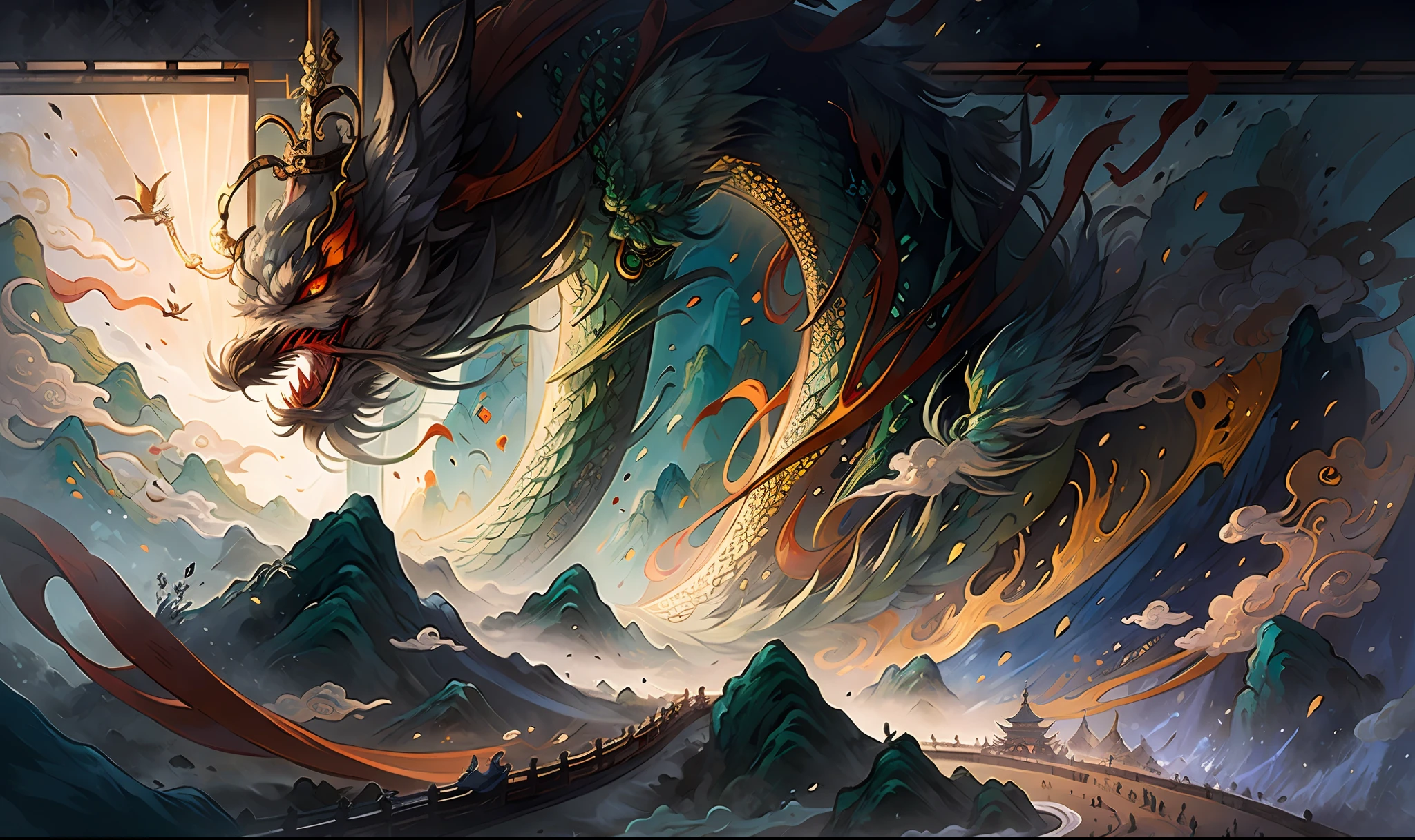 An ancient Chinese painting, ancient chinese background, mountain ranges, rios, Auspicious clouds, Pavilions, rays of sunshine, tmasterpiece, super detailing, Epic composition, hyper HD, high qulity, extremely detaile, offcial art, 统一 8k 壁纸, super detailing, 32k -- v 6,Chinese Green Dragon,Domineering,ancient Chinese style mythology,