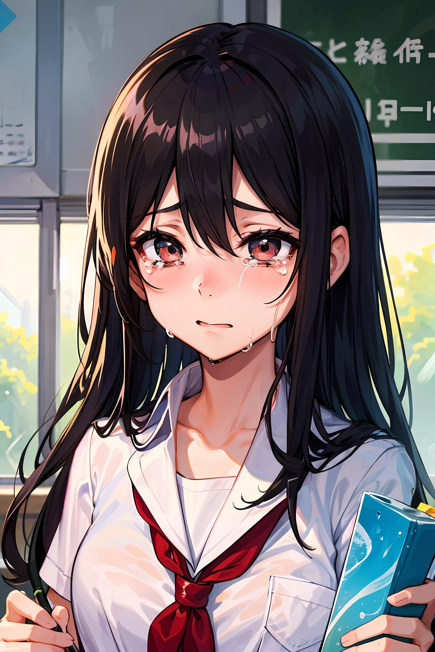 Cute high school girls in school uniforms were criticized for not writing homework, She cried in the classroom very aggrieved，wiping tears，Her classmates were comforting her，She was still crying，A lot of water flowed