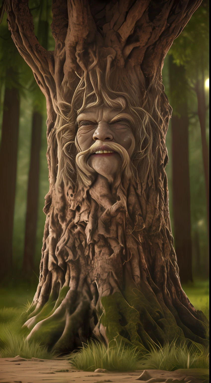 Close-up of a tree,There is a face on it, treebeard, The Tree of Justice, Kind tree face, but, person made of tree, The shape of otolaryngology, tree druid, cgi clay sculpture, Entes, God of the forest, Kerem couplet, Father time, ent treant dryad, inspired by Igor Morski