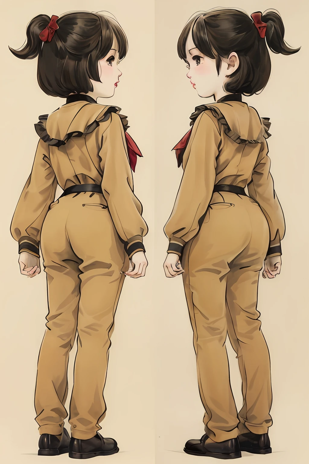 An antique girl character design sheet(Includes front, side, back) Beige background The clothing has a sense of design