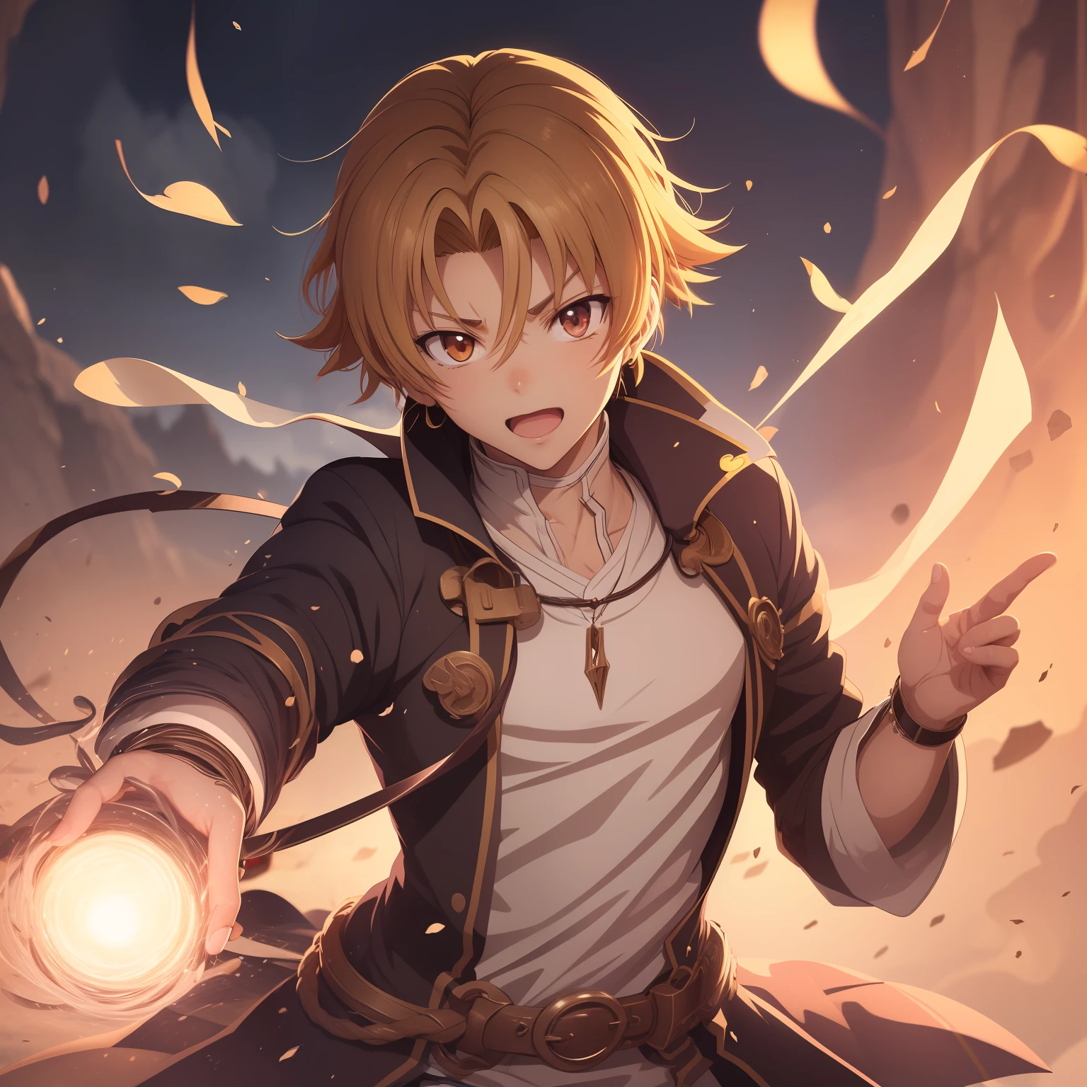 (((Rudeus))),(1garoto),((Obra-prima do anime))),(((corpo inteiro))), Concentrando Magia roxa, espiral, particulas, (sentado), ambiente de fantasia, (((rindo))),