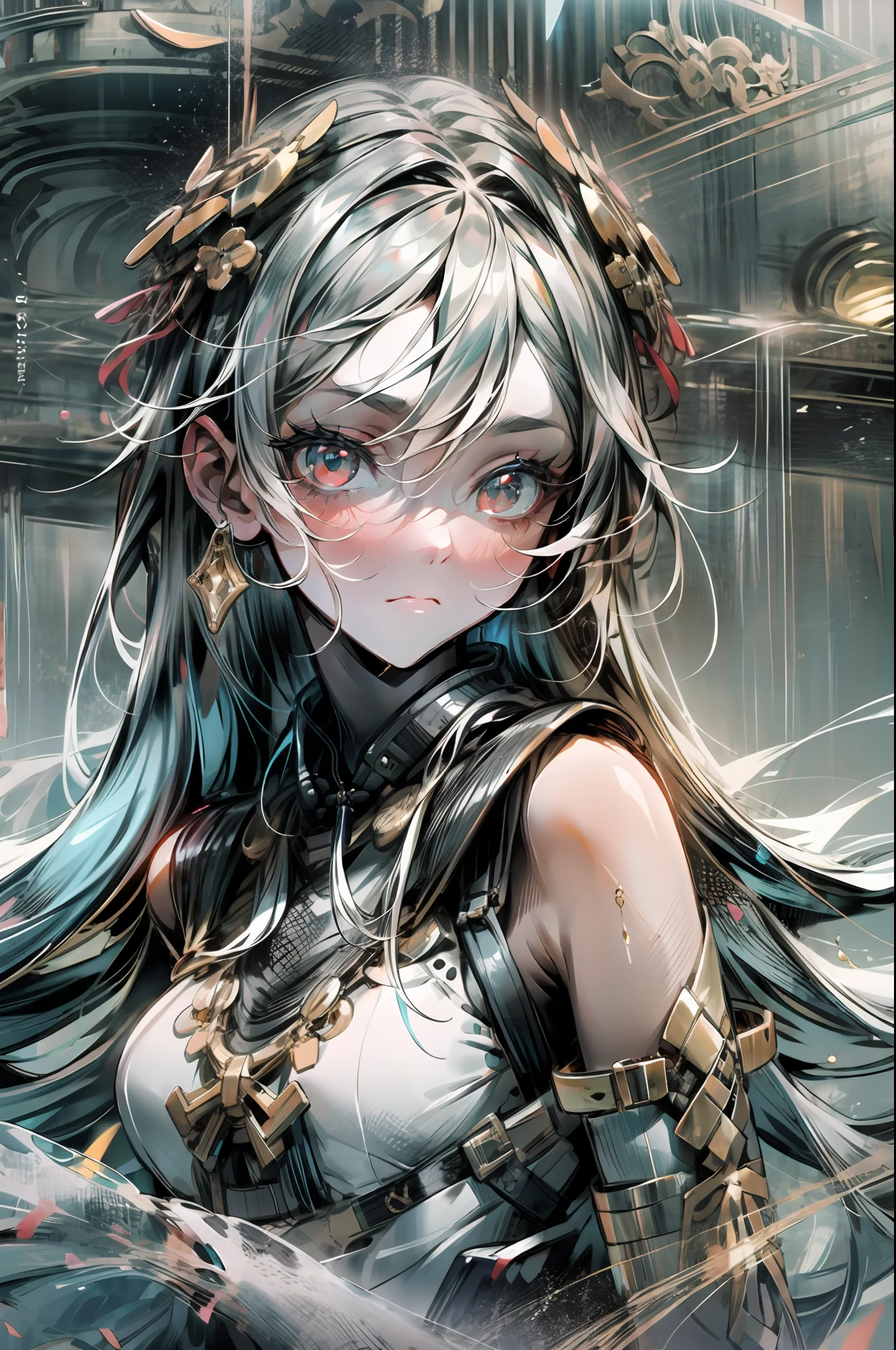 a beauty girl,red eyes,Beautiful face,Water with soft light,baiyun,The cuffs are flaky, Money strings around,Refreshing sky blue,The details are sharp,Beautiful gesture,Deep eyes,Extra-large image quality,Delicate skin,setting in nature