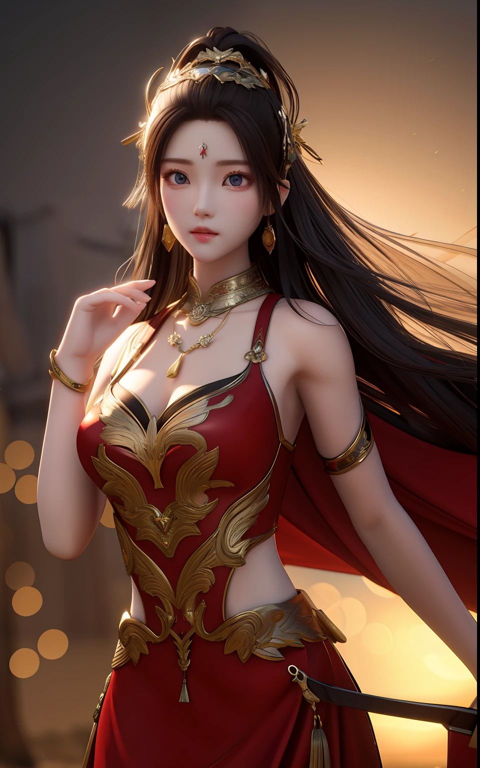 On the ancient battlefield，Battle damage wind，Calm and decisive beauty，Perfect body proportions，Three-dimensional，Radiant skin，There are God's eyes，