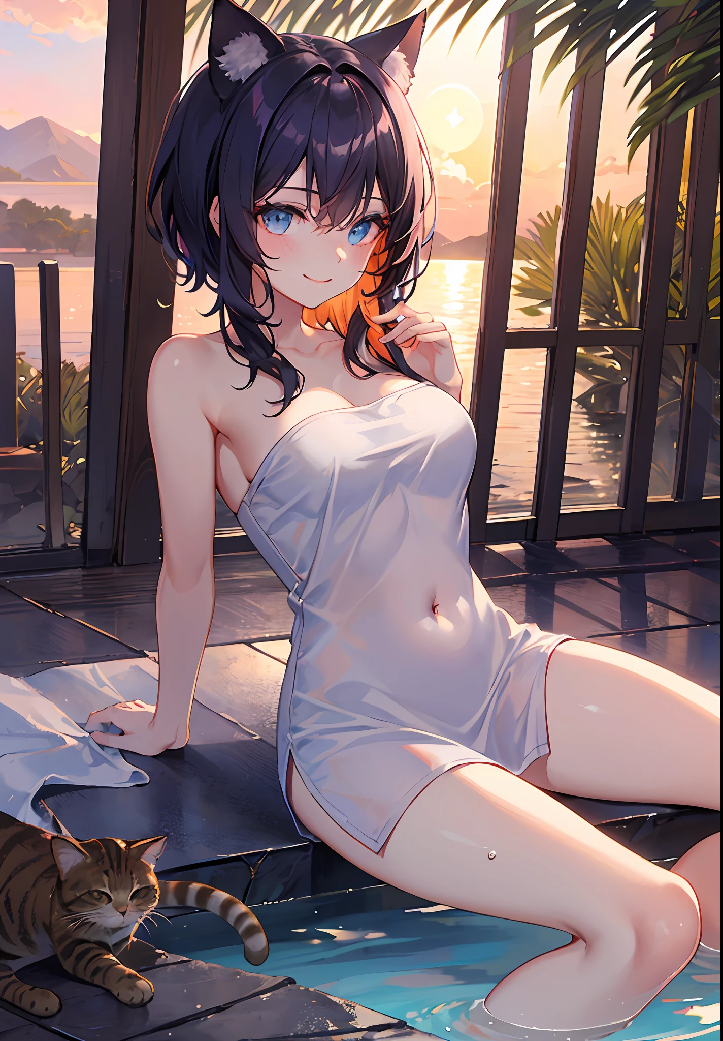 extremely detailed CG,UHD wallpaper, Extreme details,(((best quality))), ((ultra-detailed)),1girl, animal_ears, black_hair, blue_eyes, breasts, cat_ears,(naked_towel), cloud, cloudy_sky, dusk, evening, gradient_sky, horizon, looking_at_viewer, makeup, medium_breasts, watery,weat,weatdrop,mountain, mountainous_horizon, navel, ocean, orange_sky, outdoors, palm_tree, purple_sky, red_sky, short_hair, sitting, sky, smile, solo, sun, sunrise, sunset, towel, tree, twilight, water