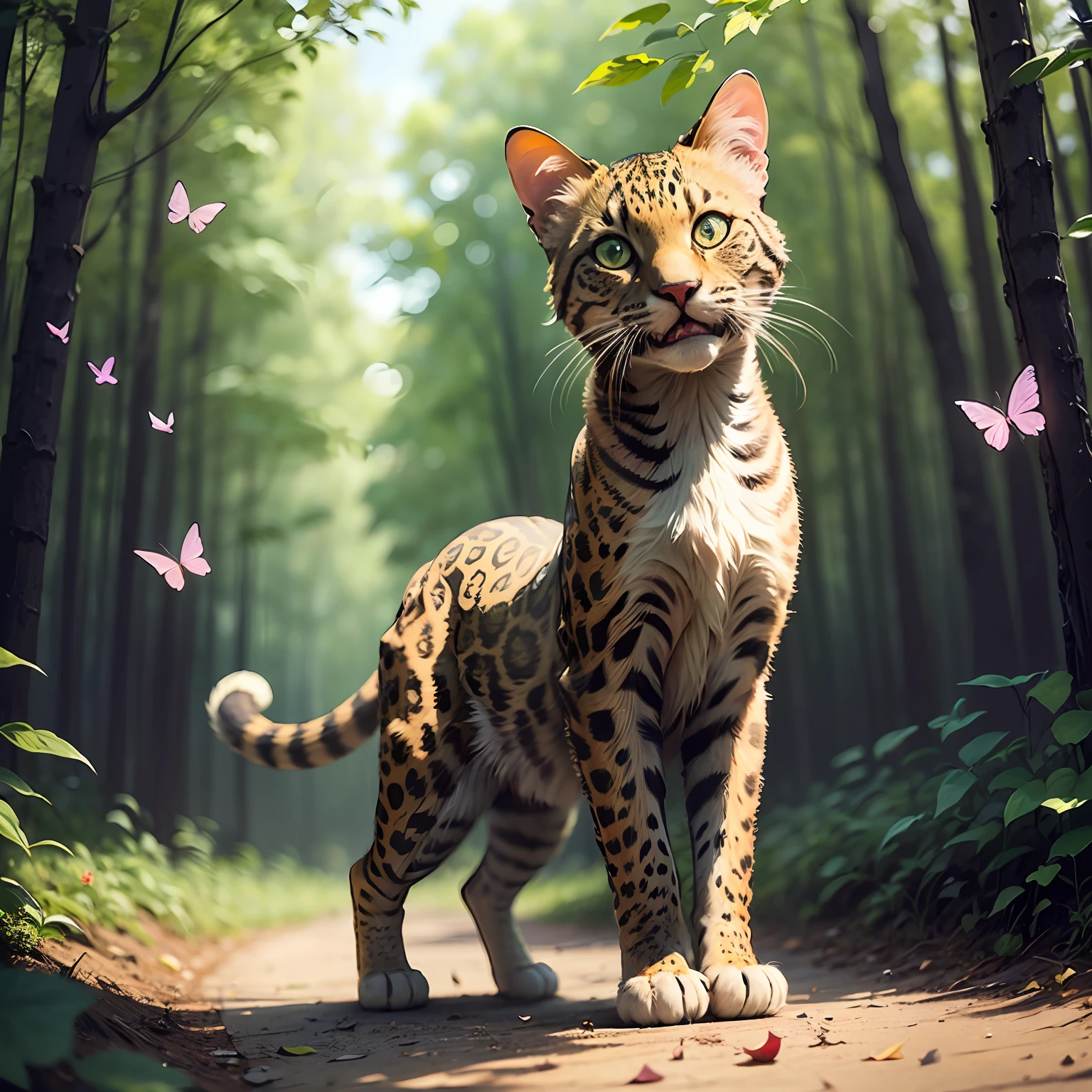 catss,Bengal leopard cat,ln the forest,standing on your feet,The left front paw is raised,Catch butterflies --auto