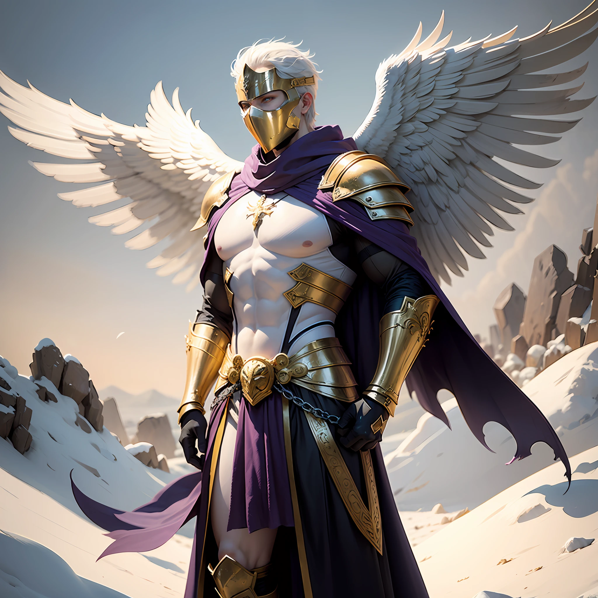 A male archangel dressed in heavy gold-silver armor,Wears a golden mask,Put on Isaac's cloak,bluish violet eyes,Grip the blood-stained sword with both hands,Snow-white wings stretched out against a heavenly backdrop,Killing Angel,Messenger of Justice,The details are unbeatable,Great picture。