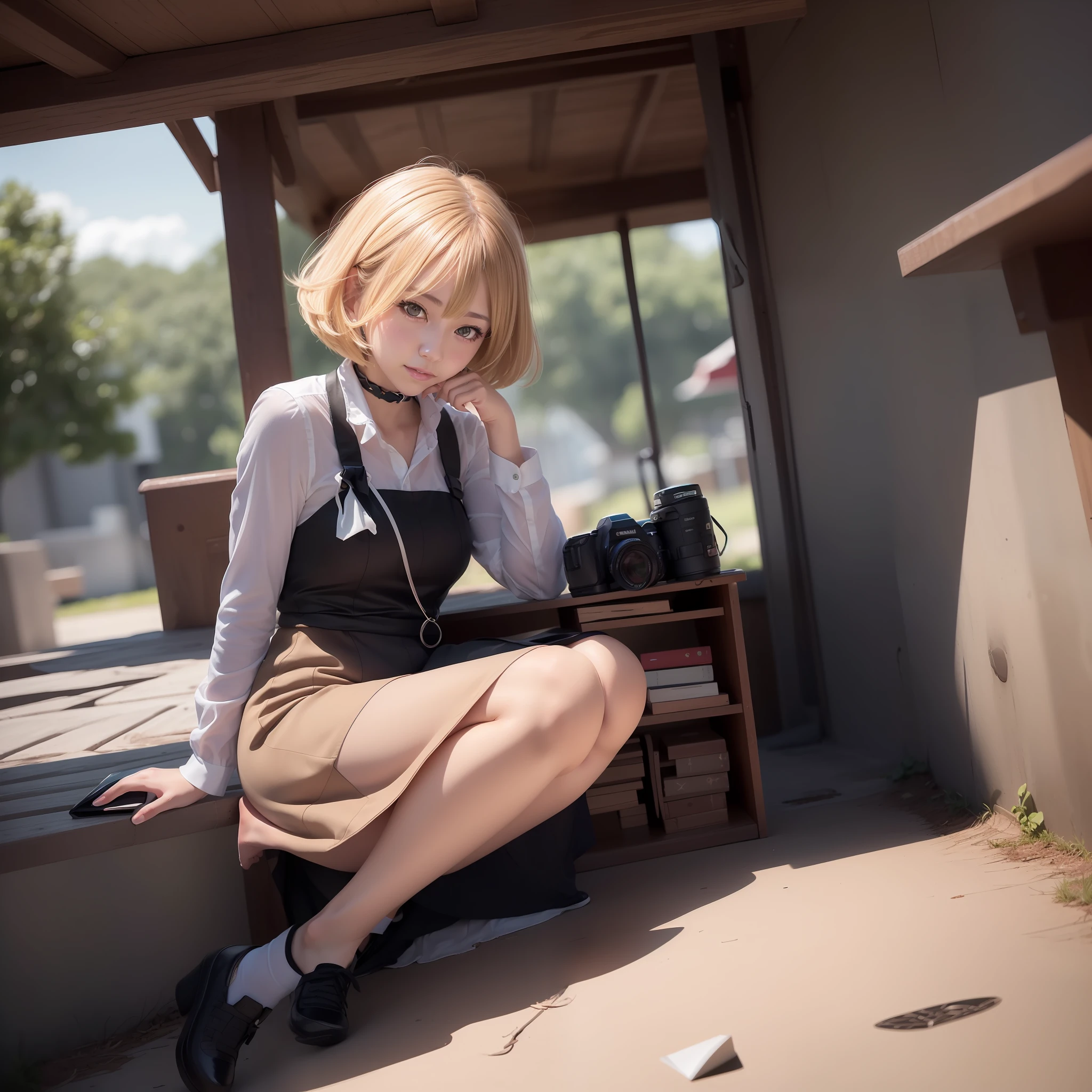 (The blonde, the benches, Camera and photo album),(canon eos 5d mark iv:1.2+Canon 6D Mark II:1.1+Canon EOS 5D:1.0), (AI character cosplay:1.3+Anime girl cosplay),(bottom angles:1.3),(amy sol in the style of:1.3), (Kantai collection style:1.4), (Cute blonde girl:0.8),(photographed:1.1),(roleplaying:1.2)
