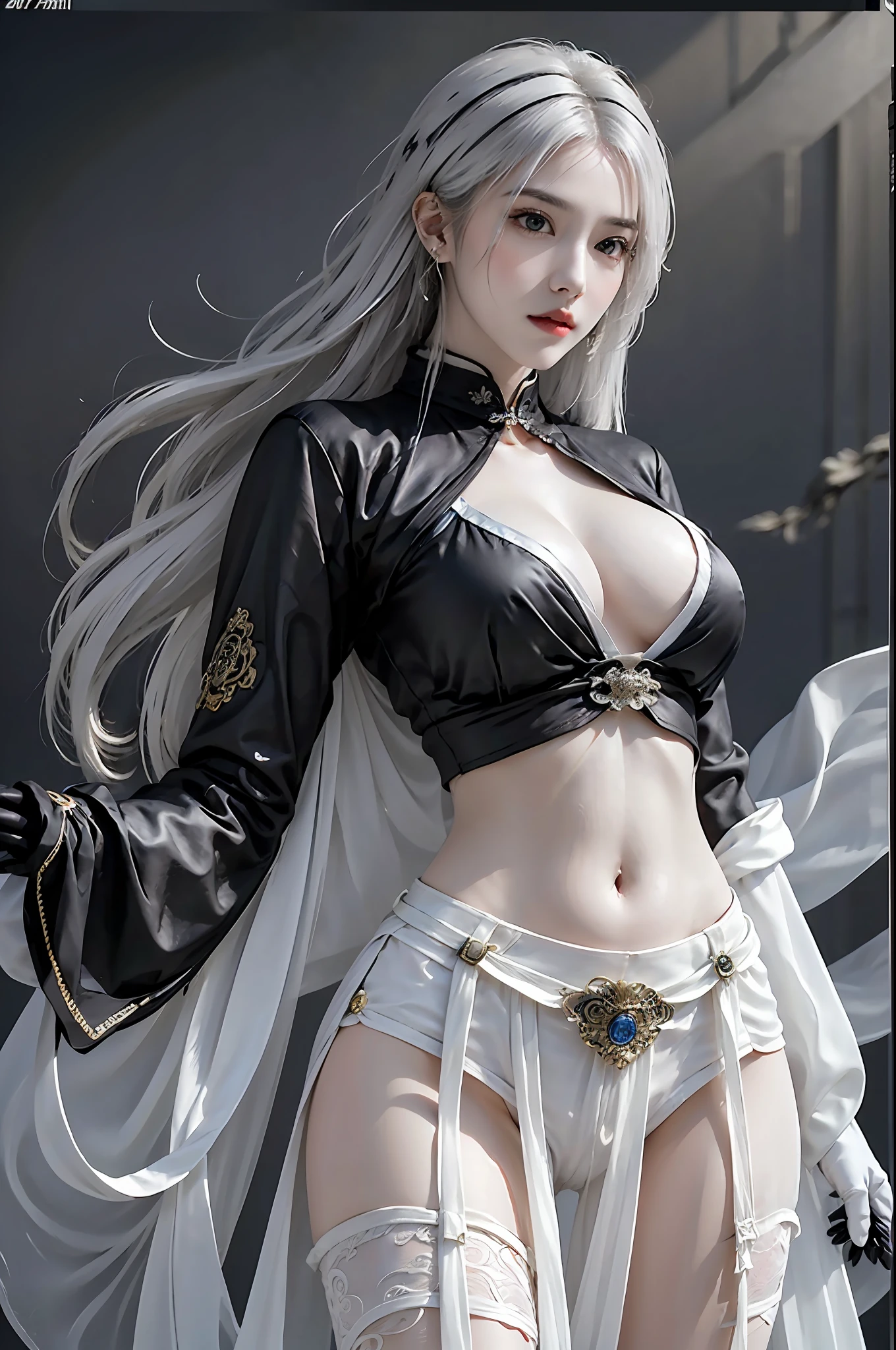 photorealistic, high resolution, 1 girl, hips up, white hair, beautiful eyes, sword, jewelry, earrings, black_hair, breasts, solo, gloves, holding_weapon, holding_sword, medium_breasts, chinese clothes
