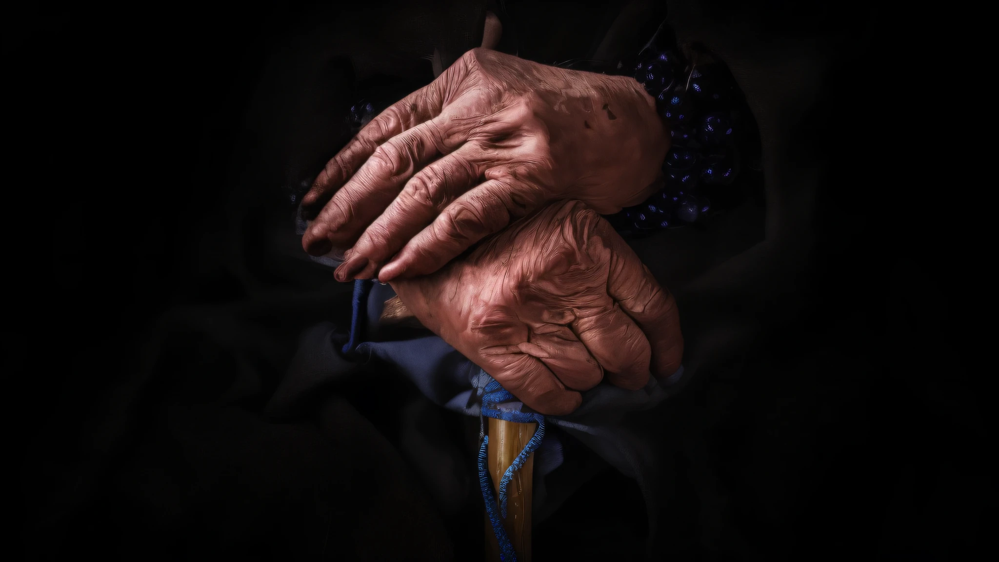 Close-up of a pair of hands, The column is lined with yellow wooden rafts，Blue decoration weave，One hand wears a chain of dark purple wooden beads，Hands covered with dirt, Detailed hands, hands retouched, corrected hands, veiny hands, Highly detailed hands, ++++ super veiny hands, hands of men, extreme hand detail, enhanced hands, Real hands, intricate wrinkles, human hand, coherent hands, Normal hands, natural hands and arms，（Express a sense of vicissitudes：1.6），pexels contest winner, precisionism, Hands, hands retouched, intricate wrinkles, Detailed hands, tight wrinkled cloath, veiny hands, hands crossed, coherent hands, old and wrinkled,, High details （Front focus），（in the darkness nigth：1.6），Surrealist portraits of David Hockney and Alphonse Mucha，Fantasyart，photographrealistic，动态照明，art  stations，poster for，Volumetriclighting，Very detailed age spots，Asian man's hand, Exaggerated artistic photos，Cinematic，（（best qualtiy）），（（tmasterpiece）），（（realisticlying）），skin pore，Sub-surface scattering，radiant light rays，A high resolution，high detal，Sharp focus，extremely detailed nipple，max detail， realistic shaded， Roughness， Naturally rough skin texture， reallife， hyper realisitc， photorealisti， photography of， 8K, Ultra HD， photography of， hdr，OC renderer， 复杂， highly  detailed， Sharp focus）， （tmasterpiece：1.2， Best quality1：1， Hyper-detailing：1.2， Best shadow， 8K：1.1），hight contrast， （lighting perfect：1.2，Complicated details， 巨作, Textured skin, Super detail, High details, High quality, Award-Awarded, Best quality, A high resolution, HD, 8K，surrealism, High detail, hyper photorealism, Verism，Chiaroscuro, Cinematic lighting, Ray tracing, shadowing