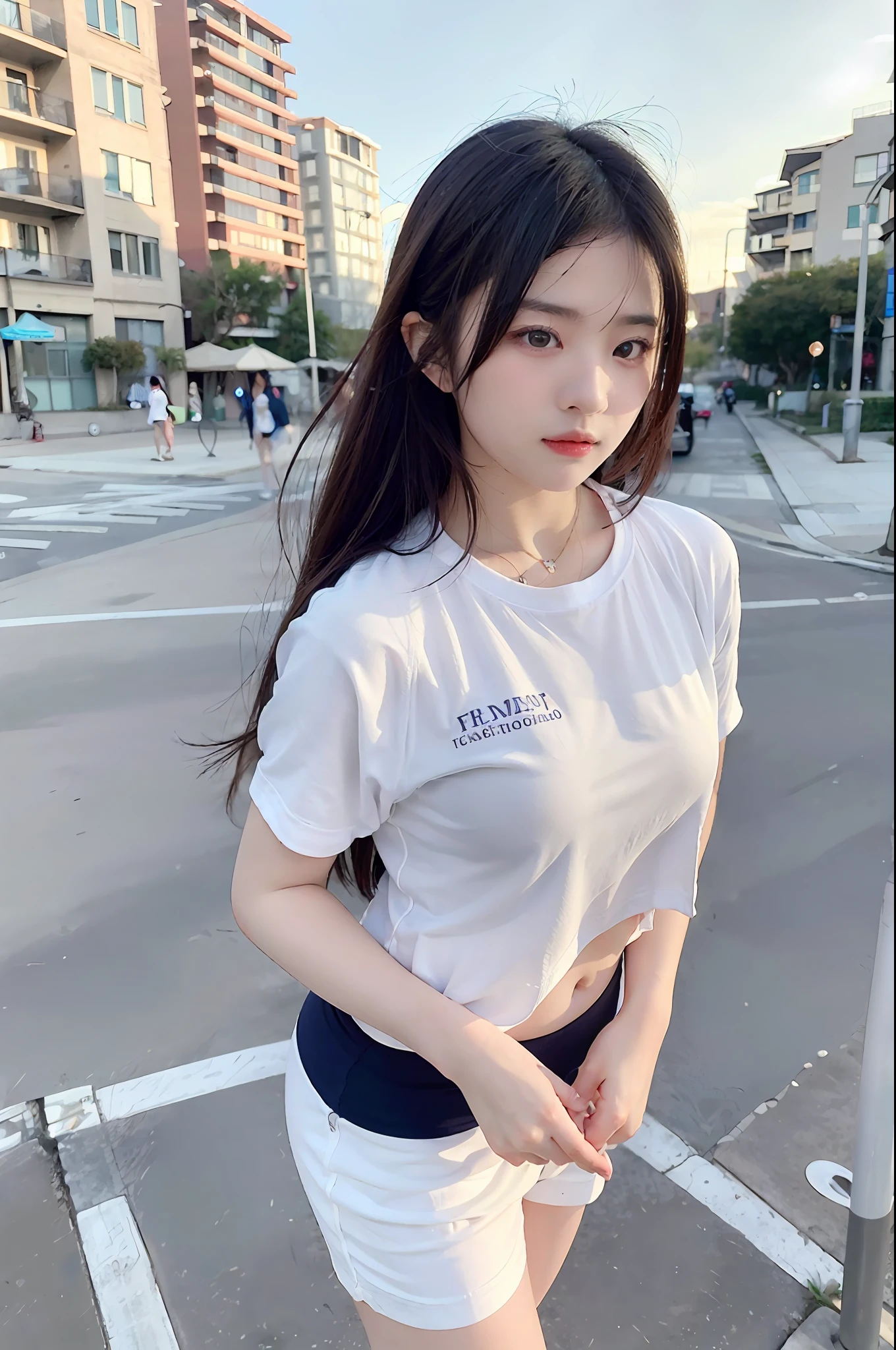 (photograph of-realistic:1.55),tmasterpiece,top-quality,the detail,femele,the city street,femele,TFG1,White gym clothes,beachside