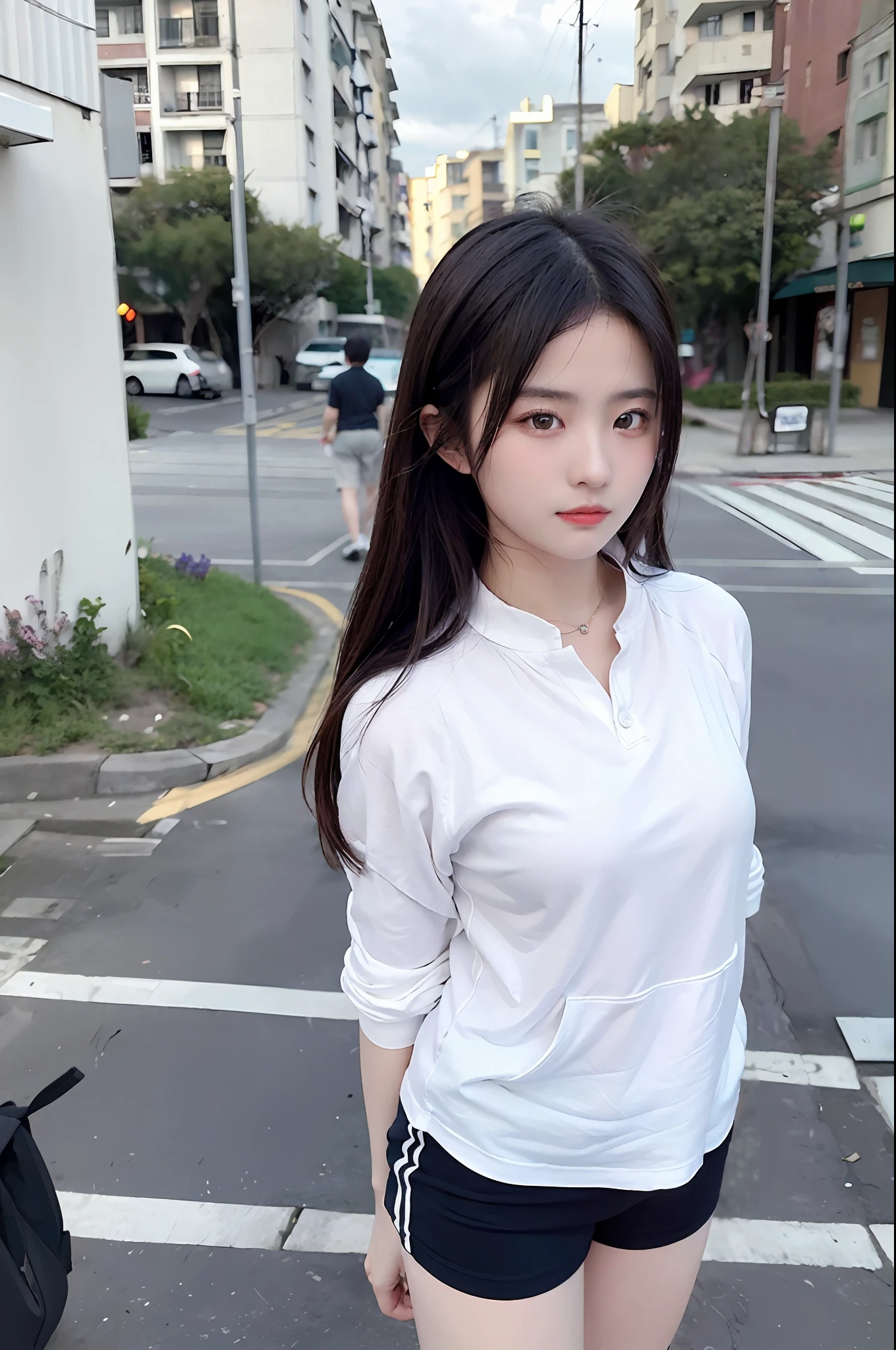 (photograph of-realistic:1.55),tmasterpiece,top-quality,the detail,femele,the city street,femele,TFG1,White gym clothes,beachside