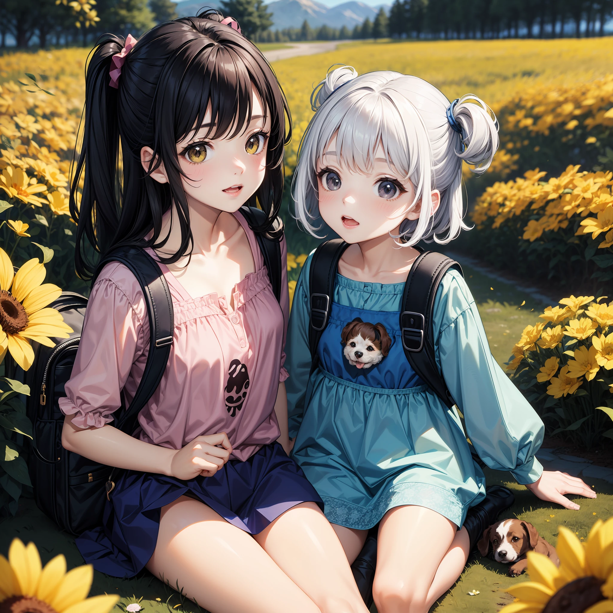 Tip: A very charming  girl with a backpack and her cute puppy enjoying a lovely spring outing surrounded by beautiful yellow flowers and nature. The illustration is a high-definition illustration in 4k resolution, featuring highly detailed facial features and cartoon-style visuals.