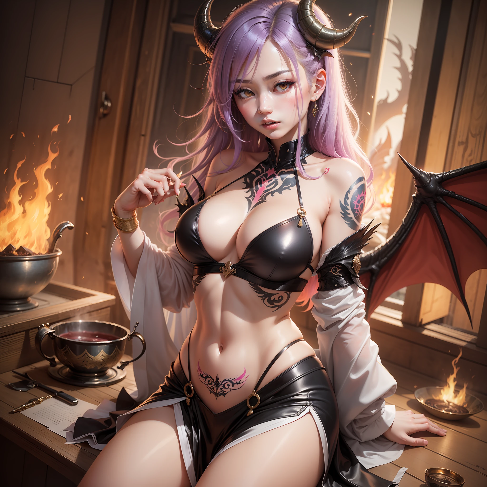 tmasterpiece,Need,PremiumQuality,1girll,Dragon girl,cow horn,Dragon's horn,red - eyed,White,Off sleeve,pointy-eared,whiteskirt,Basin curtain,Buttock slit,hair adornments,cropped shoulders,drooping chest,Wings,Dragon wings,Deep purple hair,While lying in hell,火焰,Surrounded by flames,Very sexy(She has pink tattoos on her stomach),Very sexy