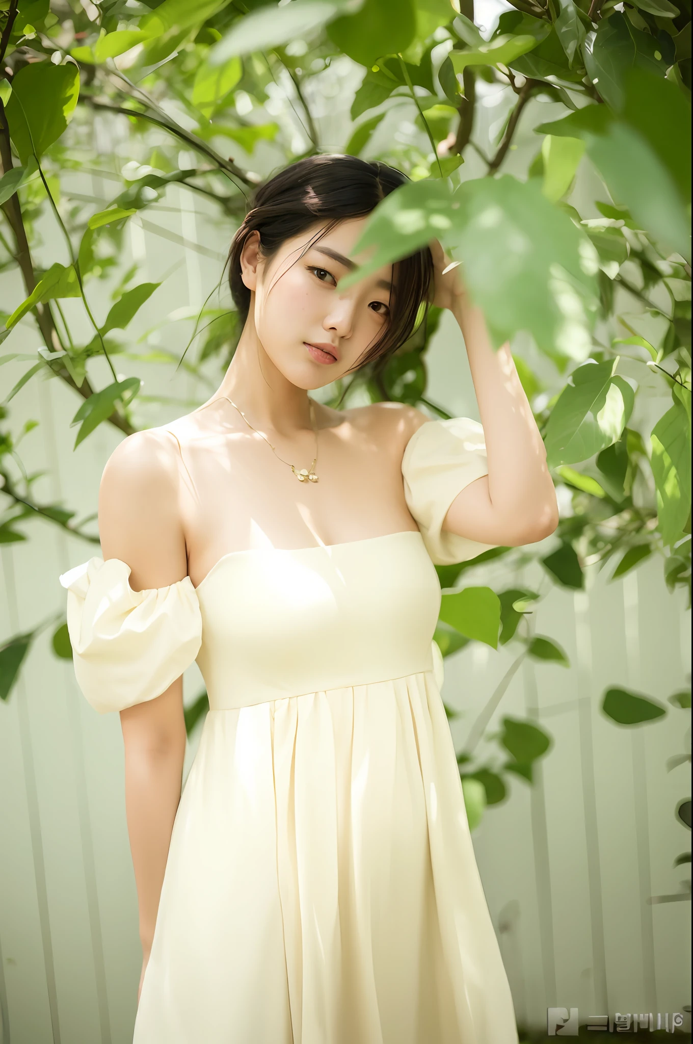 Arakfi woman in a white dress standing under a tree, korean women's fashion model, Gorgeous young Korean woman, Beautiful young Korean woman, beautiful Korean women, bae suzy, wears a white dress, Choi Hyun-hwa, Wearing wheat yellow gauze, cute elegant pose, a beautiful woman in white aodai, shaxi, jaeyeon nam, wearing a cute white dress