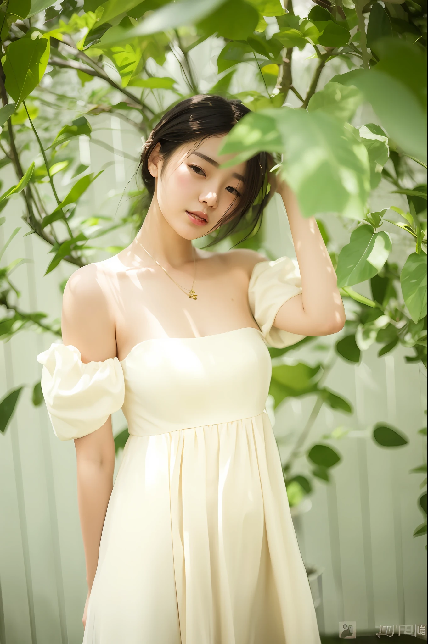 Arakfi woman in a white dress standing under a tree, korean women's fashion model, Gorgeous young Korean woman, Beautiful young Korean woman, beautiful Korean women, bae suzy, wears a white dress, Choi Hyun-hwa, Wearing wheat yellow gauze, cute elegant pose, a beautiful woman in white aodai, shaxi, jaeyeon nam, wearing a cute white dress