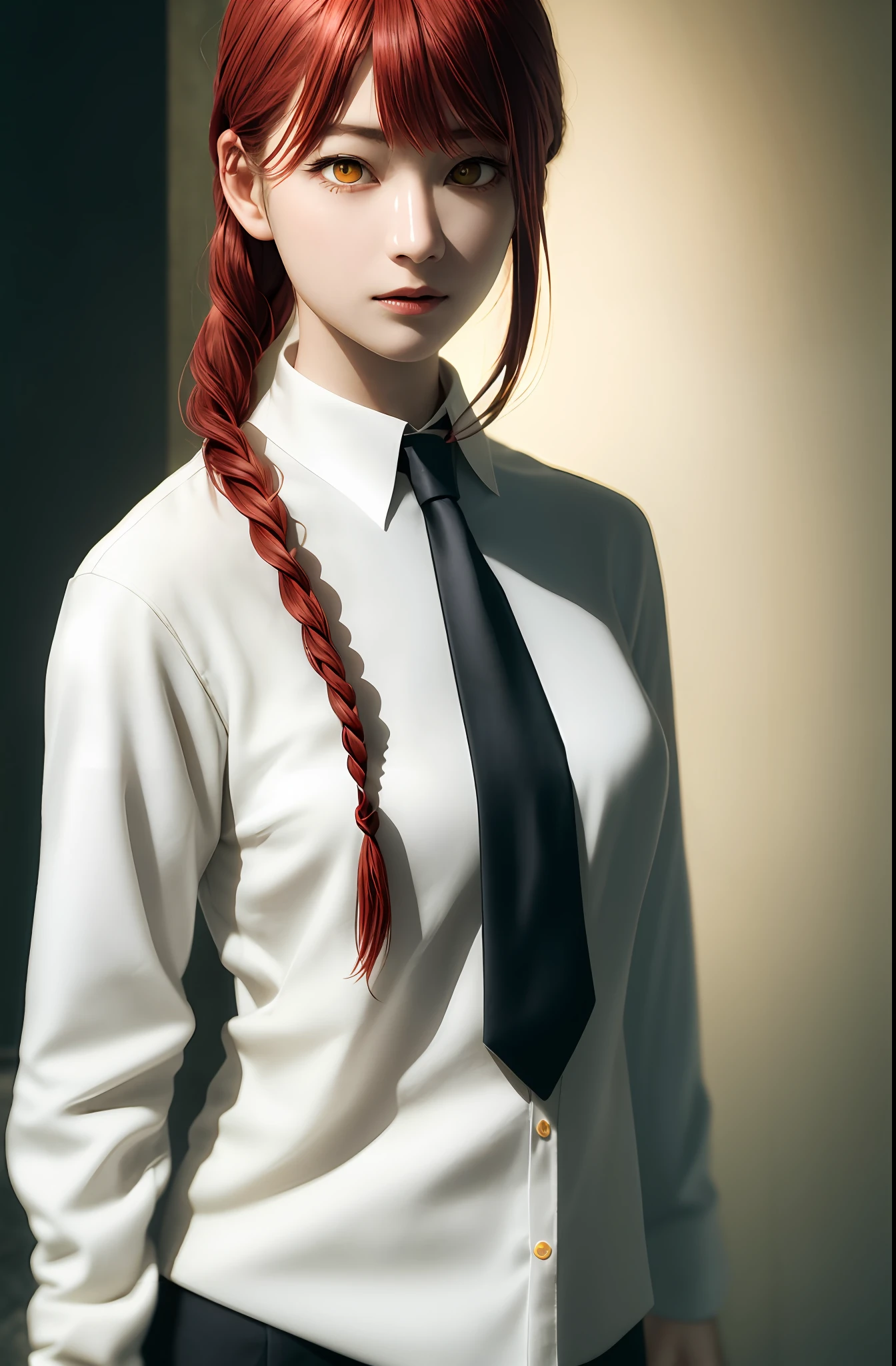 masterpiece, (photorealistic:1.4), best quality, beautiful lighting,
(ulzzang-6500:0.5), makima \(chainsaw man\), (red hair)+(long braided hair)+(bangs), yellow eyes, golden eyes, ((ringed eyes)), (white shirt), (necktie),
RAW photo, 8k uhd, film grain