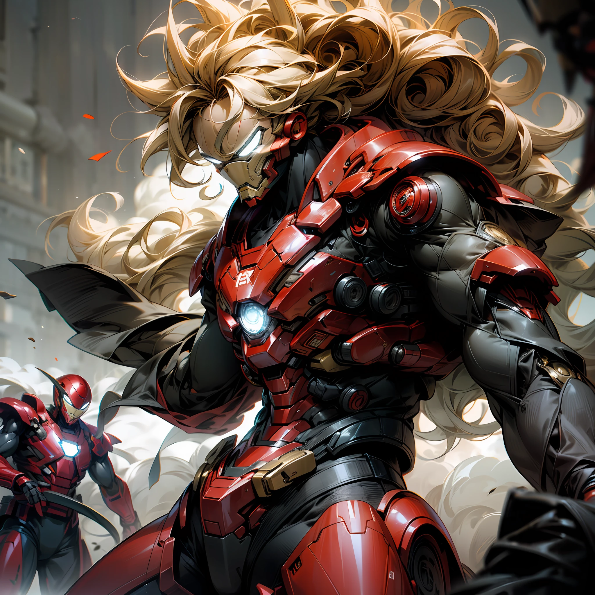 Surreal graphics，[(Police Special Forces+swat)，(《Dragon Ball》son goku，(《Iron Man》、《Spidey》Curly)black in color(Clothing or suits)+Red details，]Battle scenes，[(Imposing+Thrilling)，(blasts+smog)Make the picture even more[Luster+vividness]。] --auto