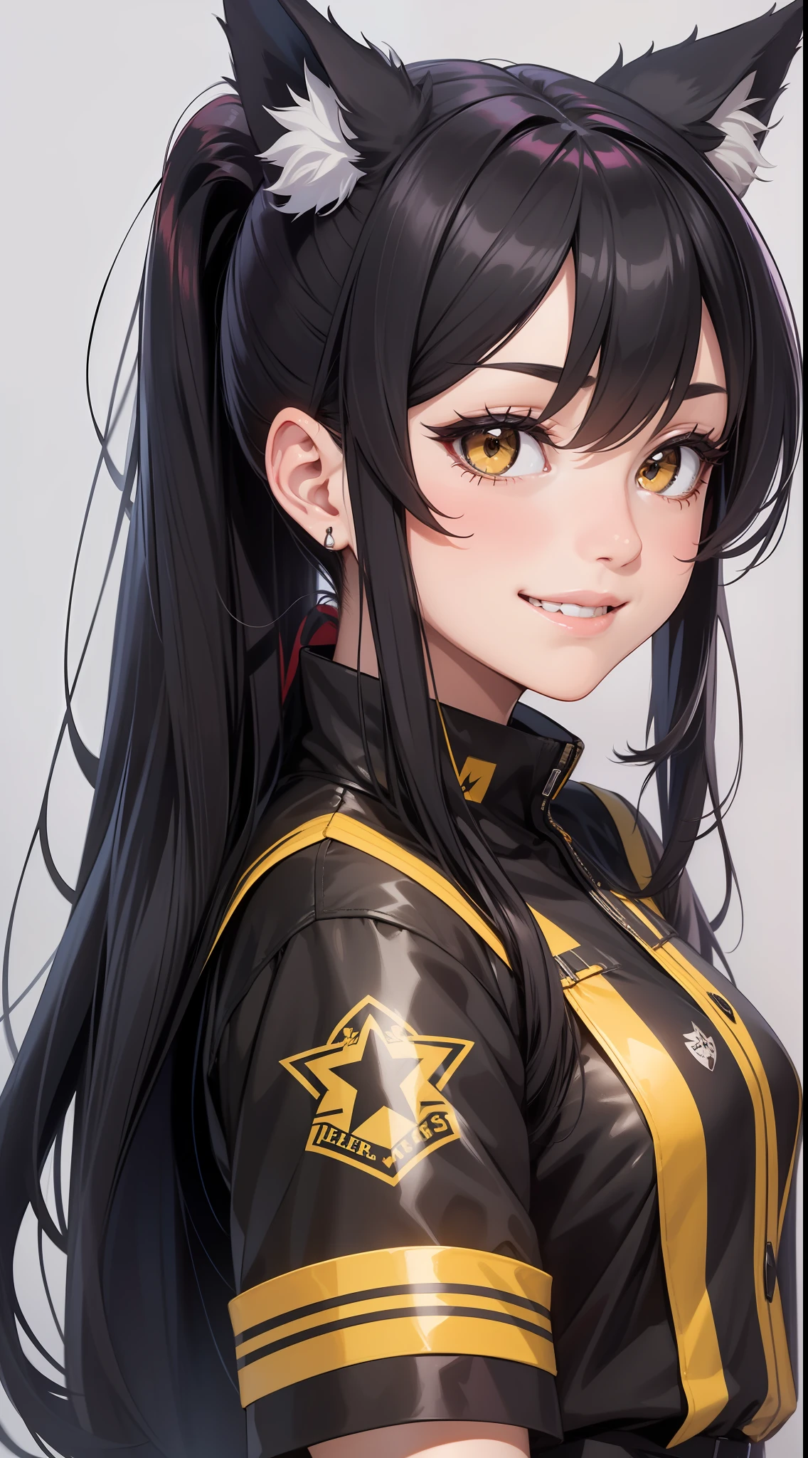Adult woman, Long black hair, high ponytail, Fox ears, Foxtail, left eye yellow, right eye red, Combat uniform, smile, Masterpiece, hiquality