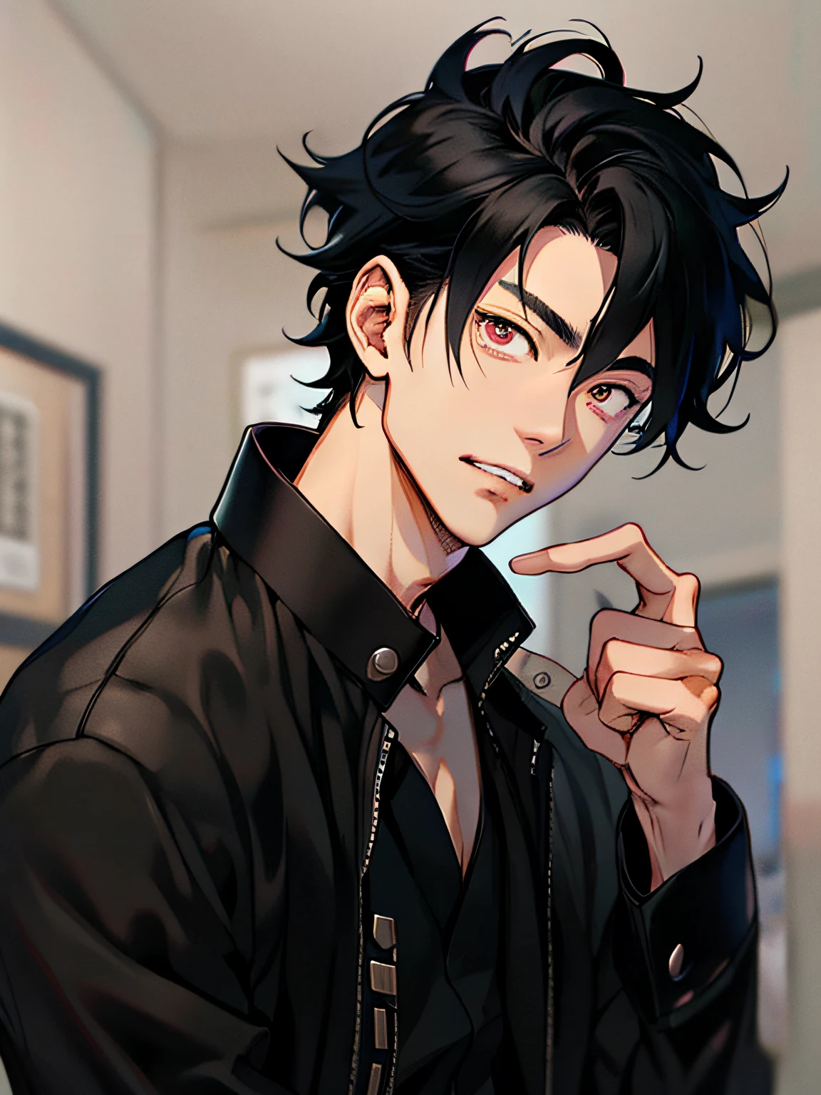 Alafard Asian man in black shirt and black jacket, with short hair, style of kentaro miura!!!!, style of junji ito, sui ishida with black hair, 1 7 - year - old boy thin face, with index finger, handsome japanese demon boy, style of kentaro miura, Cai Xukun, kousuke oono