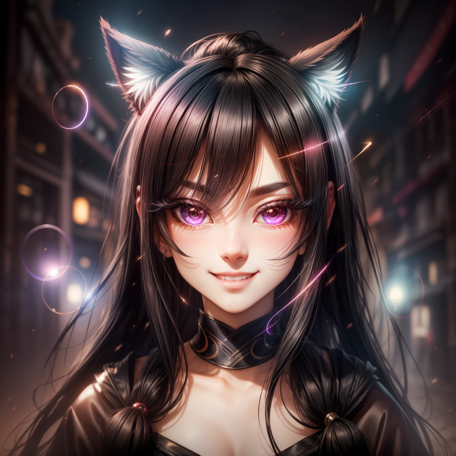 black hair, hair bobbles, wince, longeyelashes, solid circle eyes, fake animal ears, light smile, ear blush, fang, Surrealism, drop shadow, anaglyph, stereogram, tachi-e, pov, atmospheric perspective, 8k, super detail, ccurate, best quality --auto