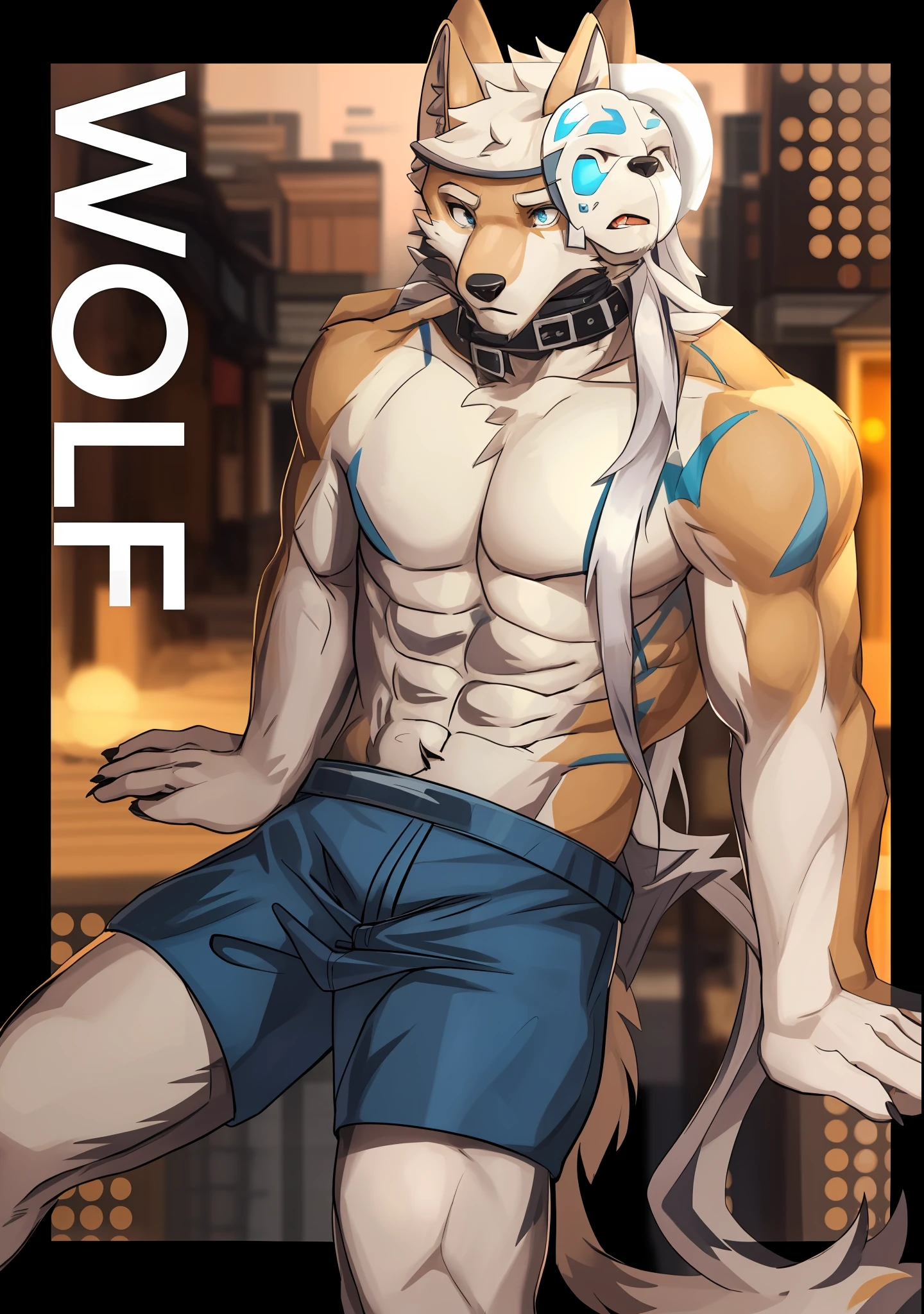 coyote， Blue and white fur， Shirtless，Eight-pack abs，  Humanity， Nude Art Station， looking-down，  tmasterpiece， high high quality， Ridiculous resolution， digitial painting\（artwork of a\）， composed （Pino Dani， （by ruaidri）， Yupa， Kiyosan）， detailedbackground， realisticlying， anime big breast， （dark shadow， Wide dynamic range， hdr， low-light：1.2）， [The is very detailed， Expressiveness， Dramaticlight， Epic setup， The is very detailed， photography of， hyper realisitc， Ignorant and understanding， Cinema lighting， Complicated details， depth of fields]， Bokeh， No clothes， Cropped pants，Wear a mask diagonally，A long blue braid