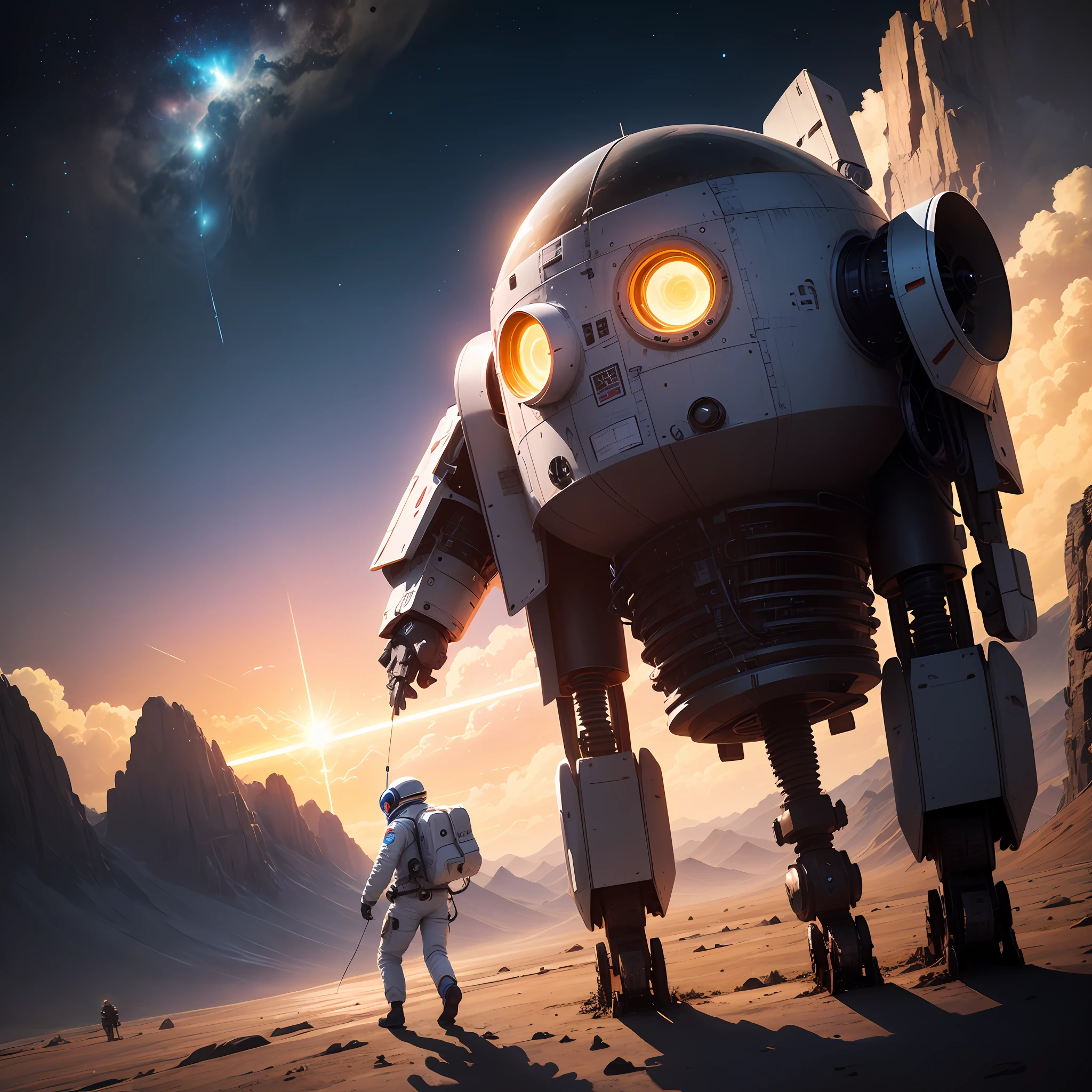 Intergalactic adventures,Real scenes,Magnificent,Magnificent planet;On this mysterious planet,Astronaut expeditions、adventuring,They go up and down,Chase mysterious unknown energy;The robot works silently,Create a better tomorrow for mankind。 --auto