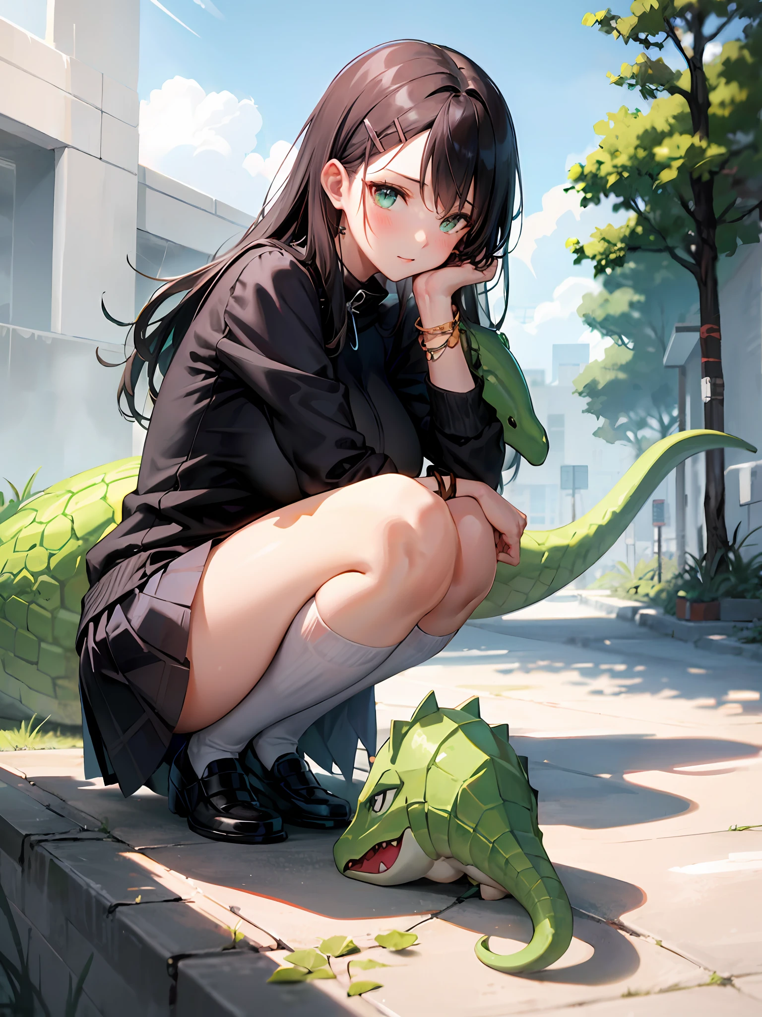 Black hair,girls,anime big breast,Black sweatshirt,blacksilk,long leges,Bracelet,Green dinosaur hairpins