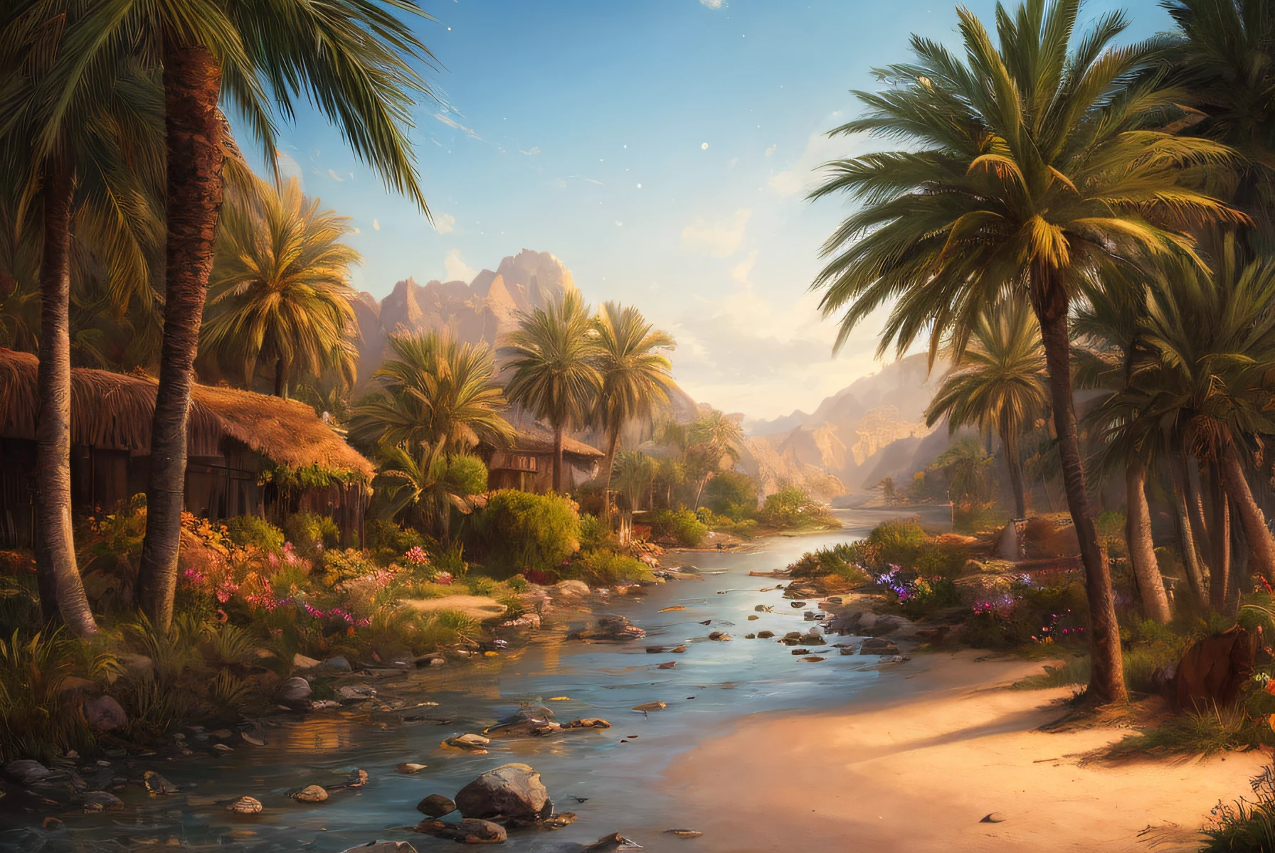 masterpiece, best quality, high quality, extremely detailed CG Unity 8k wallpaper, charming and dreamy arabian desert scene, with palmtrees, hidden fairytale valleys creating a sense of mysticism and charm, artstation, intricate, trendy, award-winning photography, bokeh, depth of field, HDR, bloom, chromatic aberration, photorealistic, extremely detailed, trend on artstation, trend on CGsociety, Intricate, with high detail,  dramatic, art halfway through