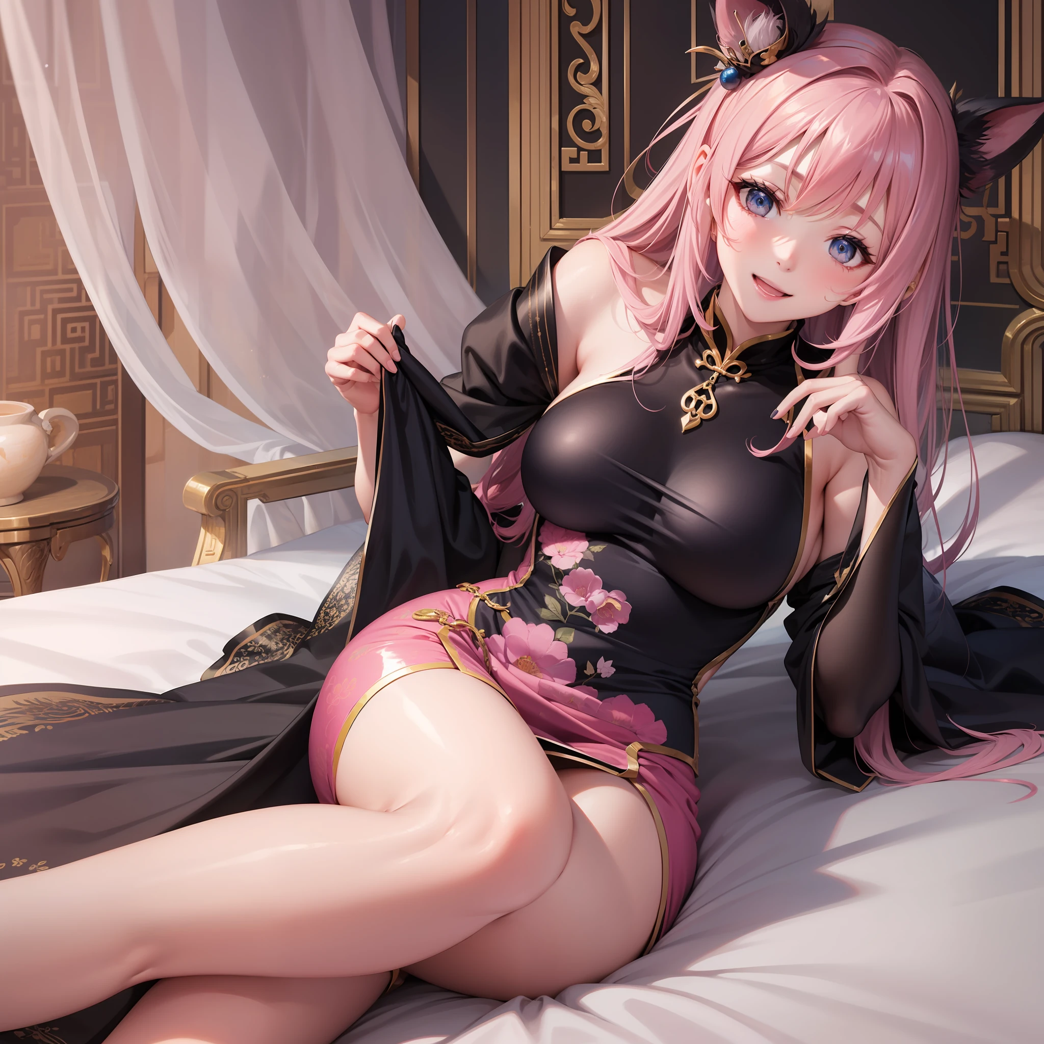 blacksilk,Bare legged,voluptuous figure,oppai ,A pink-haired,Pink cheongsam,Lie on the queen bed of the luxury villa,is shy,sweat leggs,Laughing,Seductive eyes,Look ahead