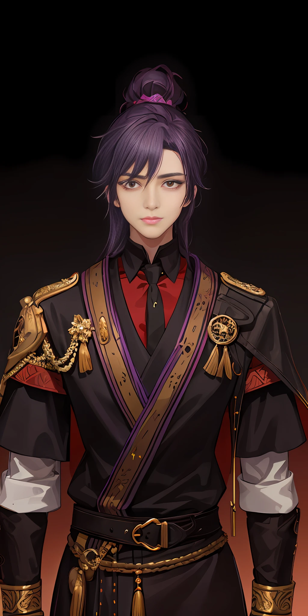 with short black hair,Yellow eyes,Black delicate suit,a chinese male,purple scarf,tmasterpiece