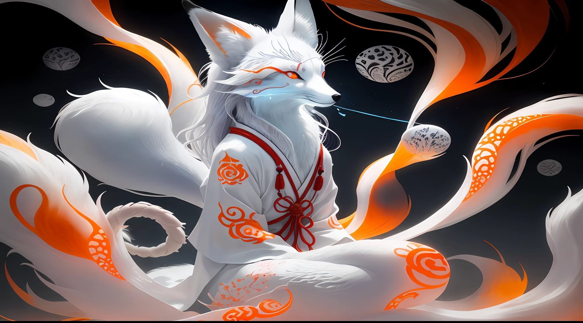 Close-up of a fox with nine tails, nine tails, nine tails, chtulhu, inspired by Sugimura Jihei, delicate and fine. tentacles, white alien squid, ghostly form, inspired by Sōami, jormungand, mystical creatures, "phoenix wallpaper"