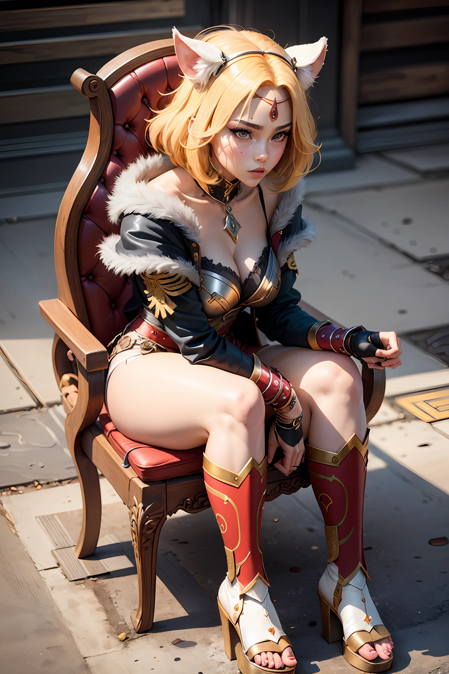 Sexy female warrior，sitting on a fur covered throne，Red-faced，style of anime，seminude，sexyposture，opening legs，lie