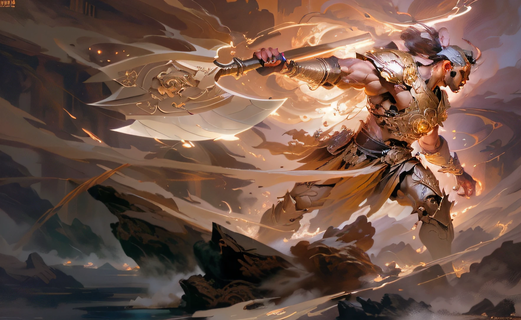Draw a man with a giant axe with a long handle in his hand, a massive celestial giant god, Angry Pangu, Epic fantasy digital art style, The legendary god holds the Heaven-Opening Axe, An epic scene from Pangu, greek myth digital painting, epic fantasy digital art, Epic fantasy art style HD, epic fantasy painting, Muscular people, Anime epic artwork