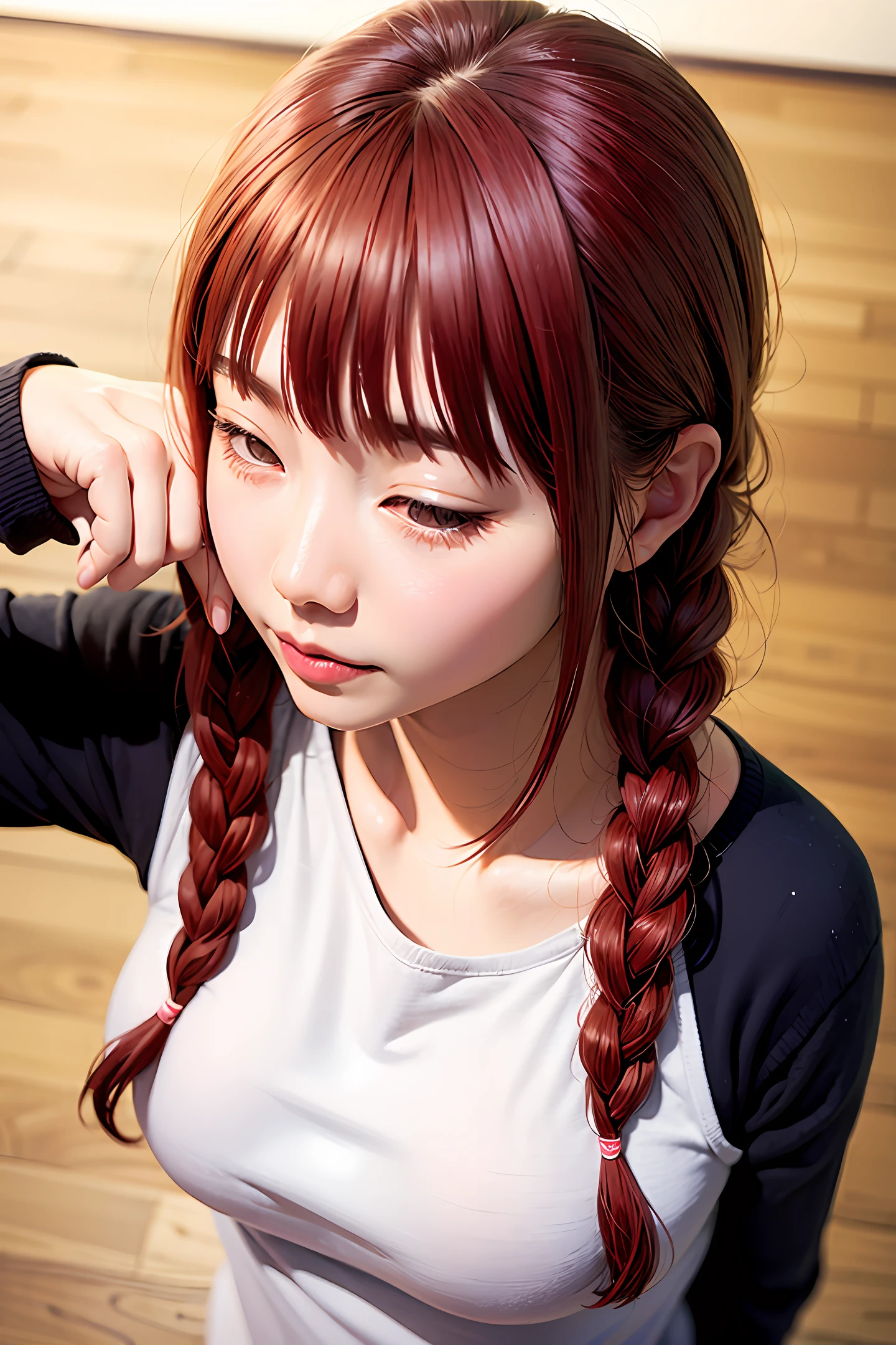 Redhead looking up at double braids, white skin, upper body, Asian cute writing wheel eyes