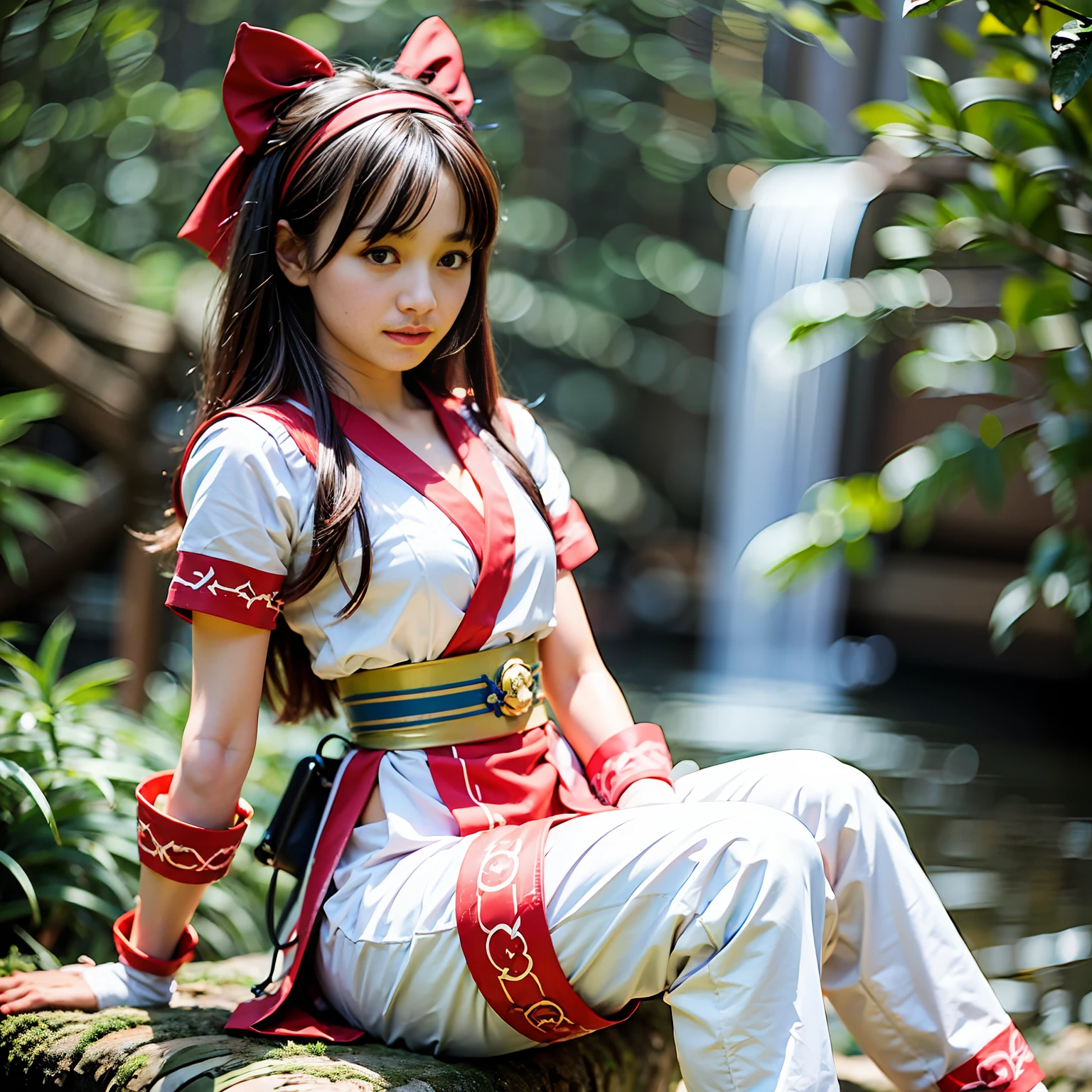 masterpiece, beste-Qualit,1girl in, Sitting on a log、Lake under the log、Red bow, the bow, length hair, Hair Bow, ainu clothes, 独奏, Hair Band, a bird, Black-haired, Fingerless gloves, shortsleeves, gloves, Underpants, bangss, red hairband, Brown-eyed, White pants, Komono, Nakoruru, light smile, Official art, (Small chest exposure、bare-legged、tiptoes、sole of feet:1.5)、(Dynamic Angle)、nature backdrop, serve、Onmyoji style、high definition resolution、Dramatic lighting and shadows、Solar flares、Blurred foreground、(Film Lighting)、Soft lighting、cinematlic lighting、Dynamic angles