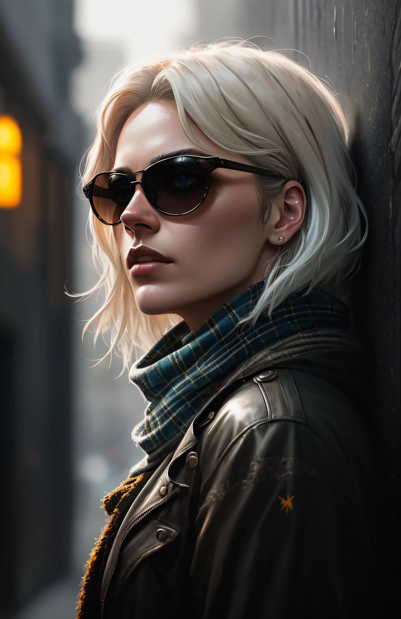 (dark shot:1.1), epic realistic, portrait of halo, sunglasses, blue eyes, tartan scarf, white hair by atey ghailan, by greg rutkowski, by greg tocchini, by james gilleard, by joe fenton, by kaethe butcher, gradient yellow, black, brown and magenta color scheme, grunge aesthetic!!! graffiti tag wall background, art by greg rutkowski and artgerm, soft cinematic light, adobe lightroom, photolab, hdr, intricate, highly detailed, (depth of field:1.4), faded, (neutral colors:1.2), (hdr:1.4), (muted colors:1.2), hyperdetailed, (artstation:1.4), cinematic, warm lights, dramatic light, (intricate details:1.1), complex background, (rutkowski:0.66), (teal and orange:0.4)