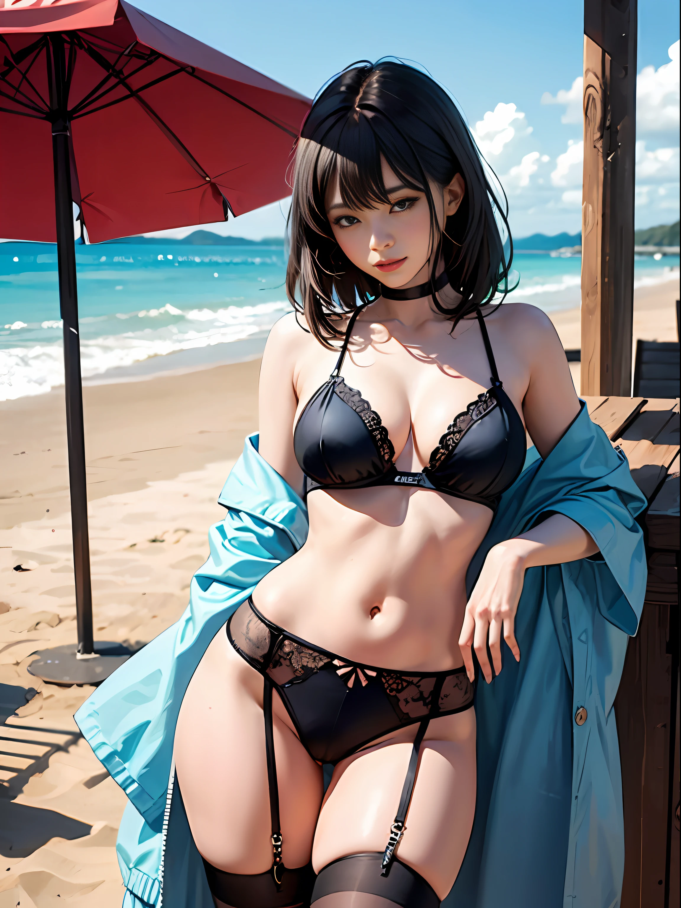 On the beach,whaite hair,one-girl,full bodyesbian,black lence stockings,比基尼,underdressing, --auto