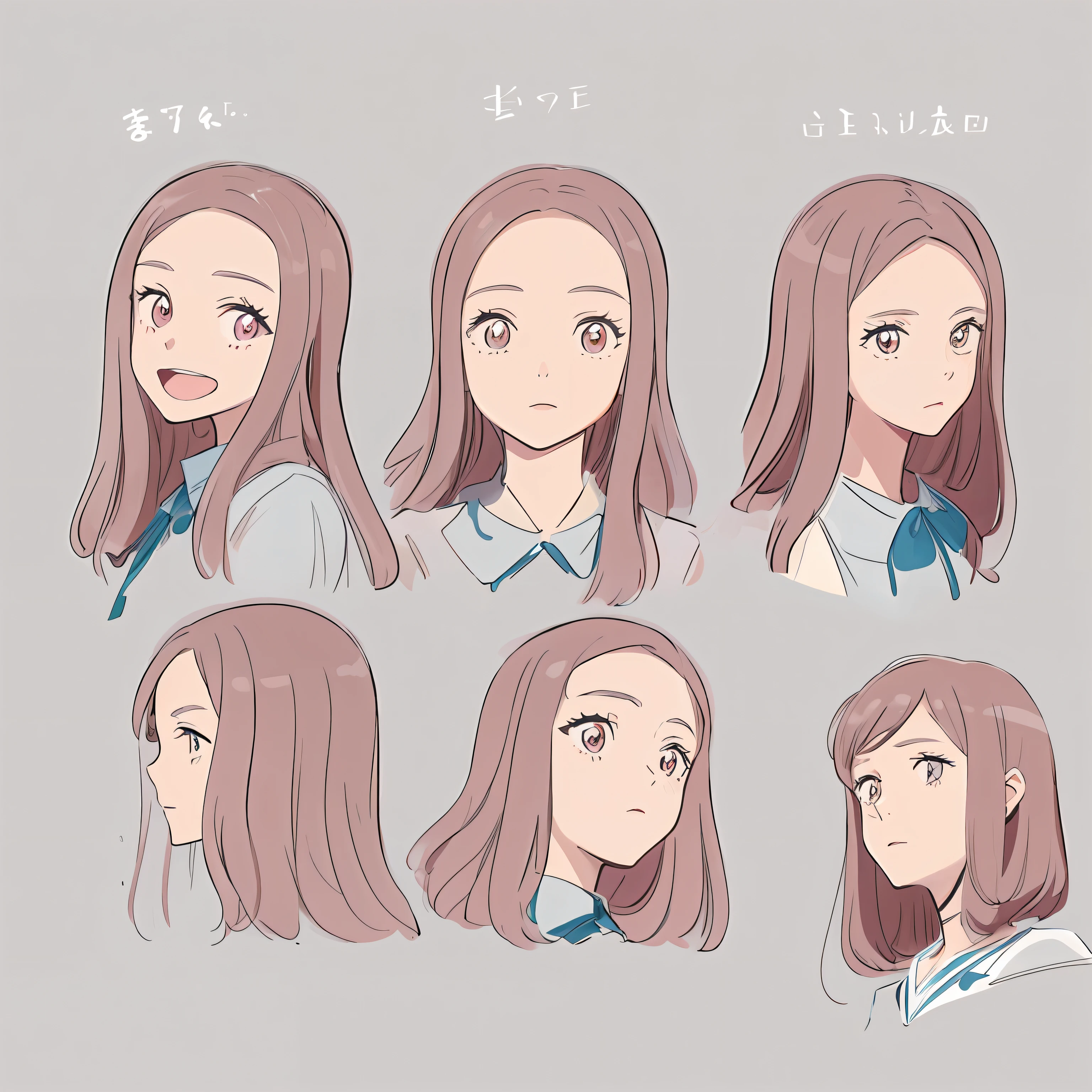 Sketch of a woman with long hair and different expressions, a variety of poses, different expression, Anime character design, anime style character, female anime character, style of anime, anime set style, clean anime outlines, high detailed face anime, flat anime style shading, Anime figure, Shoujo manga character design, Detailed facial expressions, Cute natural anime face, anime shading), face variations