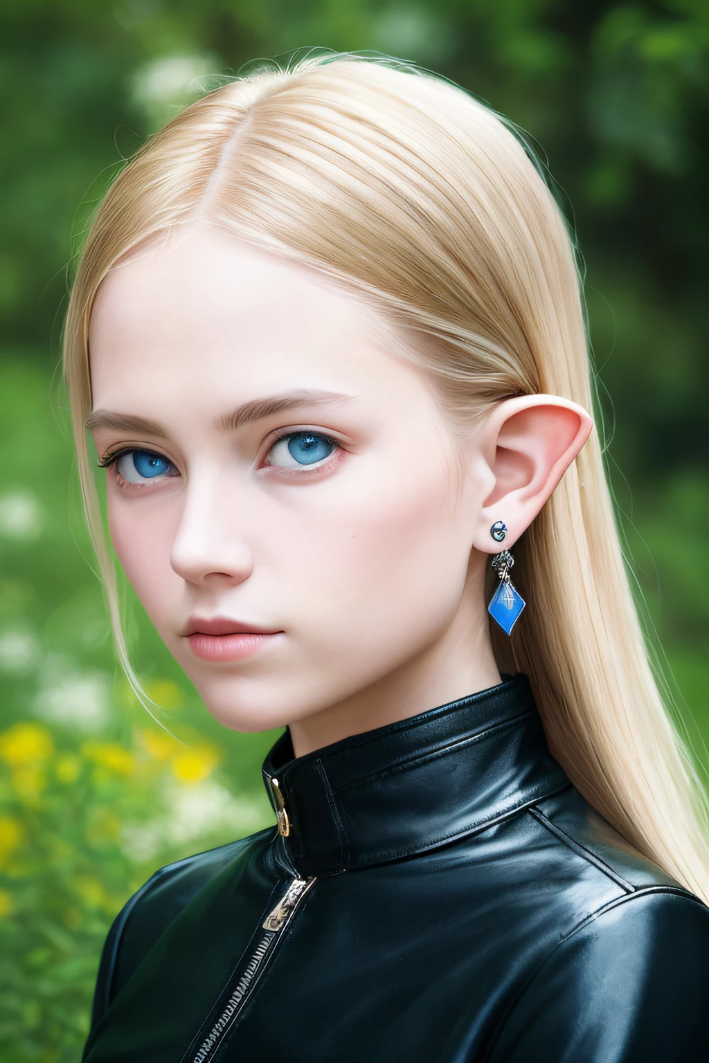 blue eyess、Small, Pointed ears, sideways Facing, ​masterpiece, top-quality, (realisitic:1.3), top-quality,  cinematlic lighting, ighly detailed, foco nítido, ighly detailed, A hyper-realistic, depth of fields, bokeh dof, globalillumination, Volumetric lighting, Sub-surface scattering, Caustics, bloom, [Reflectors], [Shadow],Stand sideways in the wilderness、white clouds、rainbows、Very long blonde hair、blue eyess、Silk、(Ren Hao:1.1)、Transparent、Fantasy landscape、with a gentle smile on her face、Teenage elf girl in black leather clothes and black leather pants