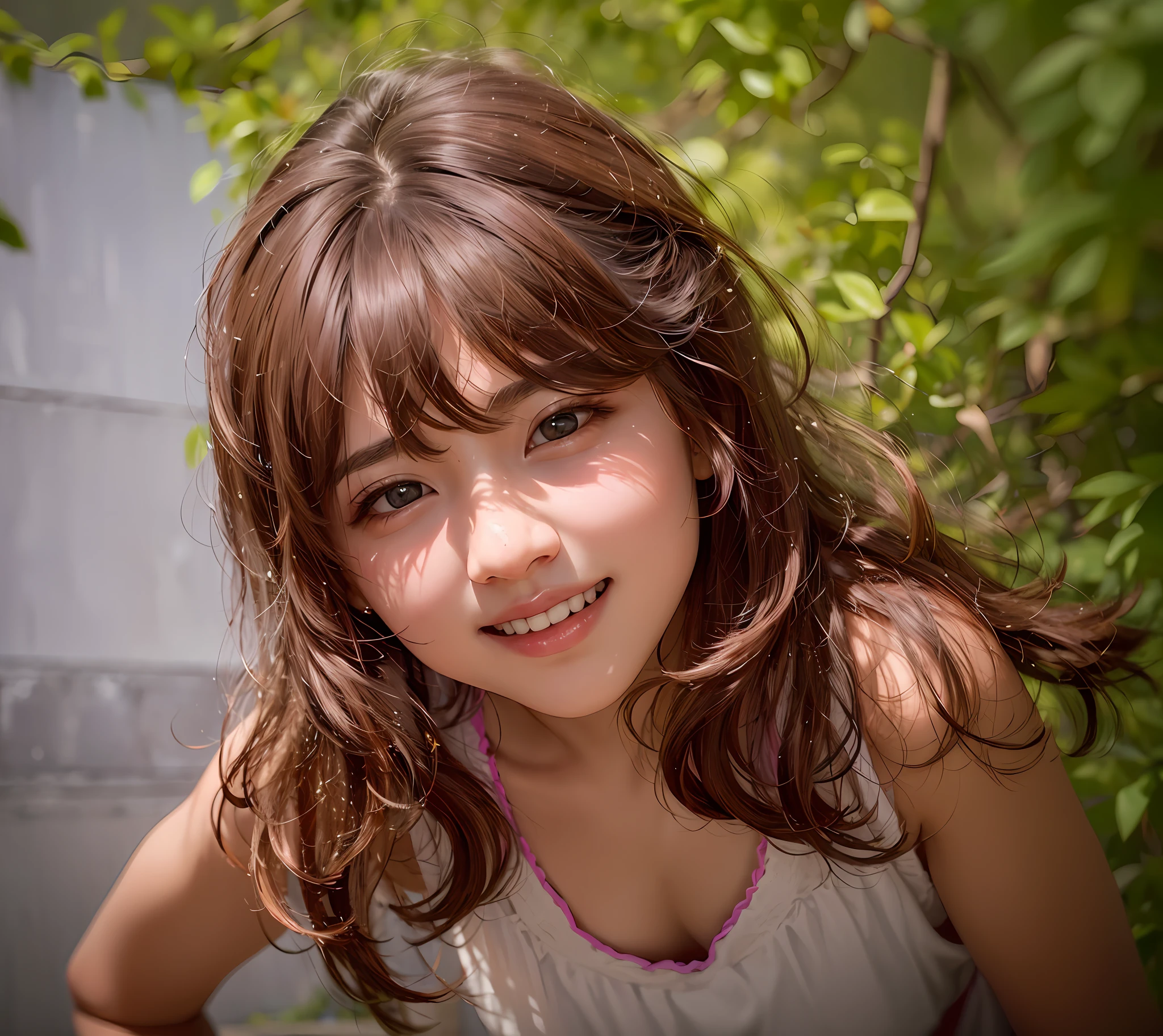 (8K、Raw photography、top-quality、masterpiece:1.2)、(realisitic、Photorealsitic:1.37)、ultra-detailliert、超A high resolution、女の子1人、see the beholder、beautifull detailed face、Constriction、(Slim waist) :1.3)、The shirt、Beautiful detailed skin、Skin Texture、floated hair、profetional lighting、a junior high school student、Western Beautiful Girl、Square big double eyes、small nose、thin lipss