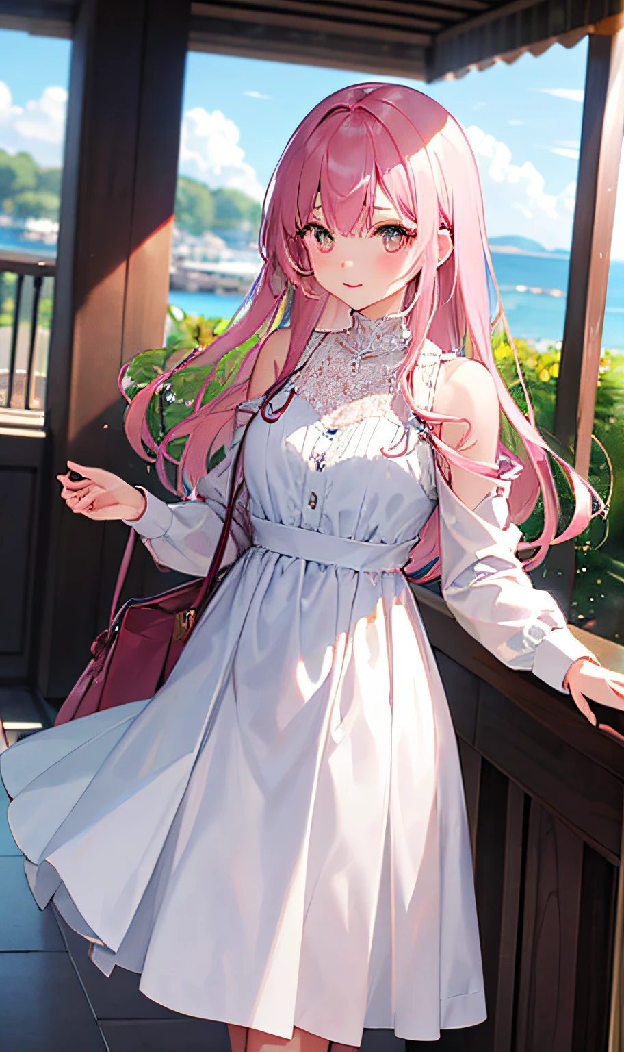 A girl with long pink hair，Wearing a white dress，Stand in a luxurious villa
