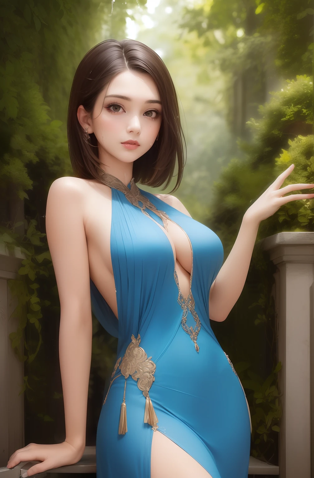 (Masterpiece: 1.2, Best Quality), Realism, (Real Pictures, Intricate Details, Depth of Field), (1girl, Solo), Makeup, Lips Apart, High Detail, ((Perfect Face, Facing the Camera)))), (Huge Tits: 1.4), (Skindentation), ((Slender Legs)), Wide Buttocks, Thin Waist, Tall, Coral Lips, Long Hair, Dark Eyes, (Beauty Wears Ultra-Short Transparent Openwork Wedding Dress), Reveals Slender Waist with Vest Line at Waist, (Squat), (( (stretch slender legs to the sides))), ((exposing the base of the thighs)), lace stockings, (sweating: 1.2), (wet, transparent), sexy, blush,