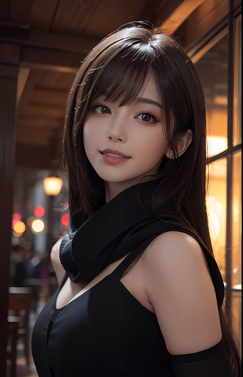 "(Hyper-realistic),(illustration),(A high resolution),(8K),(Extremely detailed),(Top illustration),(beautifuldetails),(best qualtiy),(ultra-detailliert),(tmasterpiece),(Wallpapers),(exquisit facial detail),(1girll),(looking toward the viewer),(exquisite detailing),(in the darkness nigth),(deep shading),(low tune),pureerosfaceace_v1,(Smiling face shape),(Black shawl with long straight hair),(46 points oblique bangs)"