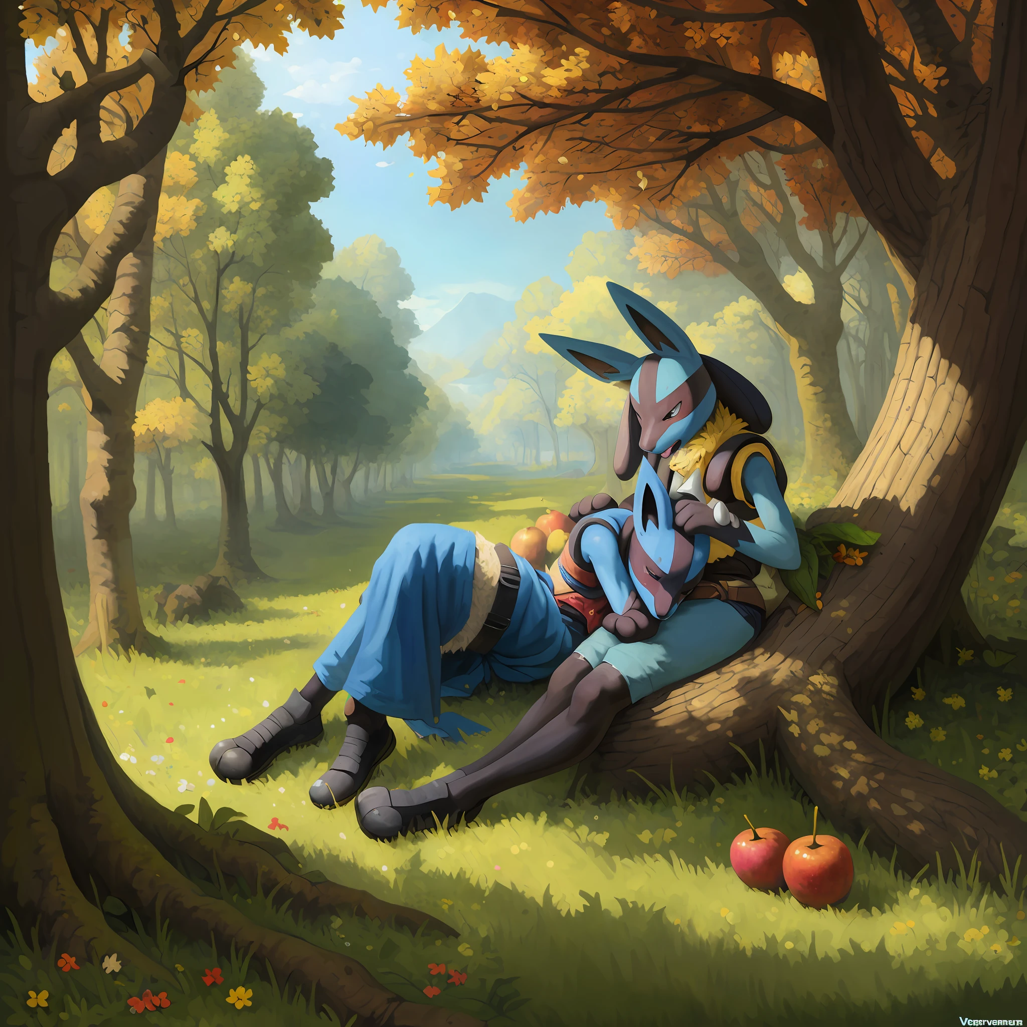 top quality, high-quality illustrations by Vermeer((masterpiece))absurdres, Perfect Anatomy, Lucario, full body,((dramatic))epic, Sleeping under a large tree where sunlight filters through the leaves, fruits, flower,