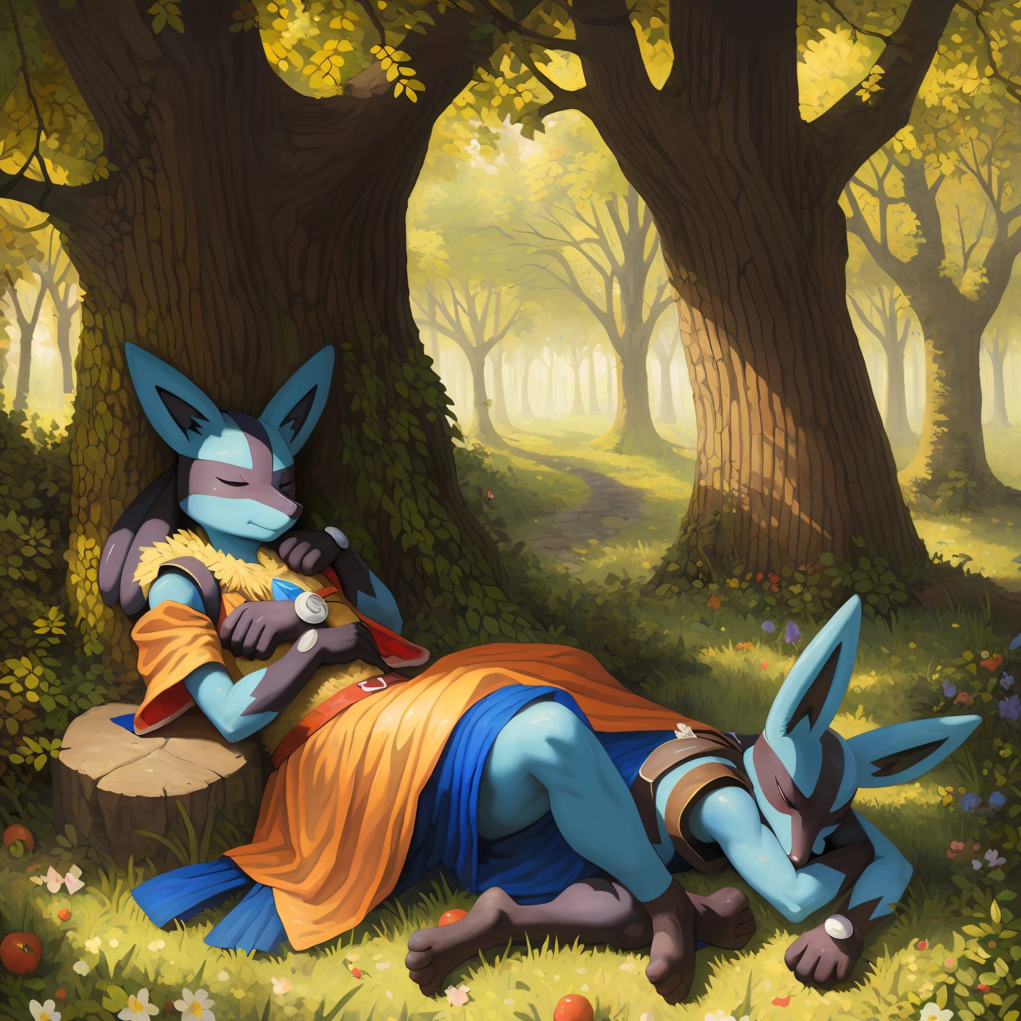 top quality, high-quality illustrations by Vermeer((masterpiece))absurdres, Perfect Anatomy, Lucario, full body,((dramatic))epic, Sleeping under a large tree where sunlight filters through the leaves, fruits, flower,