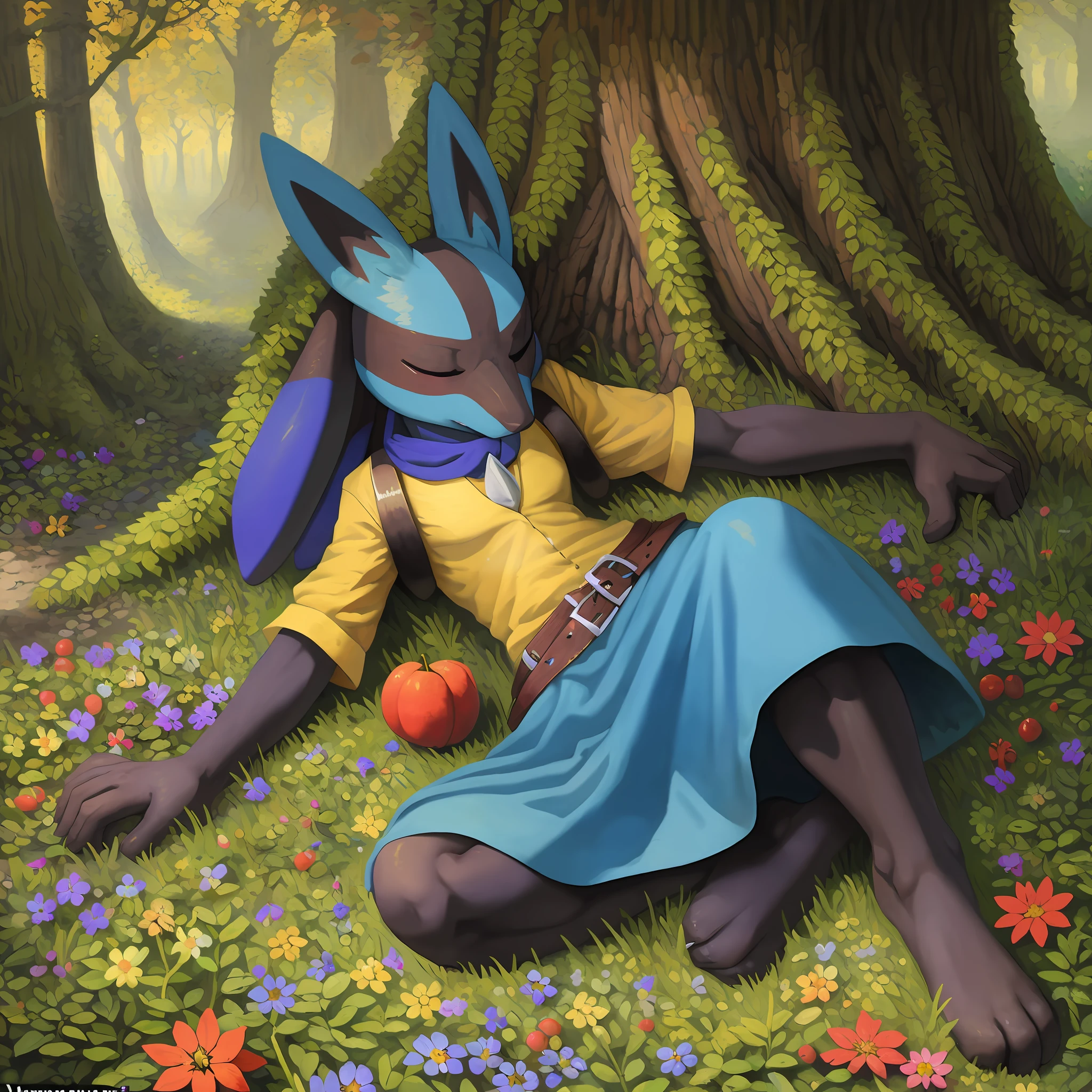 top quality, high-quality illustrations by Vermeer((masterpiece))absurdres, Perfect Anatomy, Lucario, full body,((dramatic))epic, Sleeping under a large tree where sunlight filters through the leaves, fruits, flower,